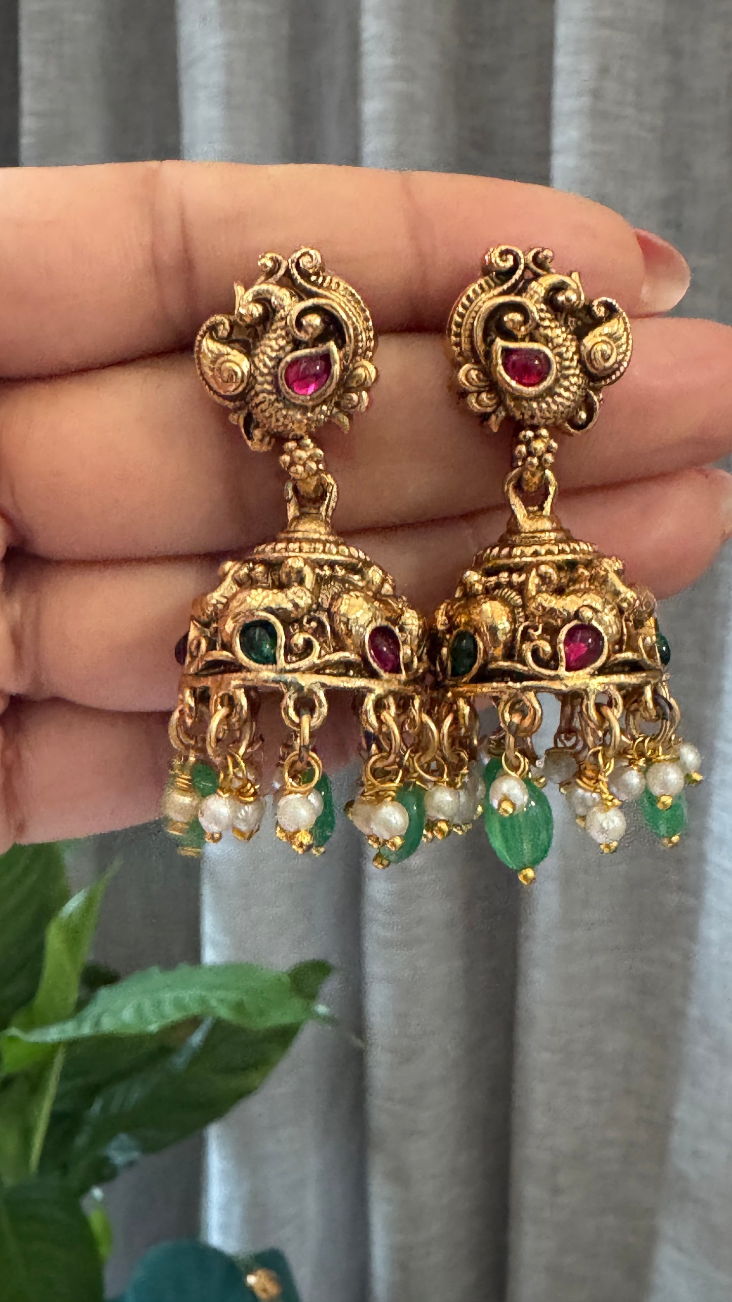 Green Multi-Layered Beaded Lakshmi Haaram Set with Jhumka