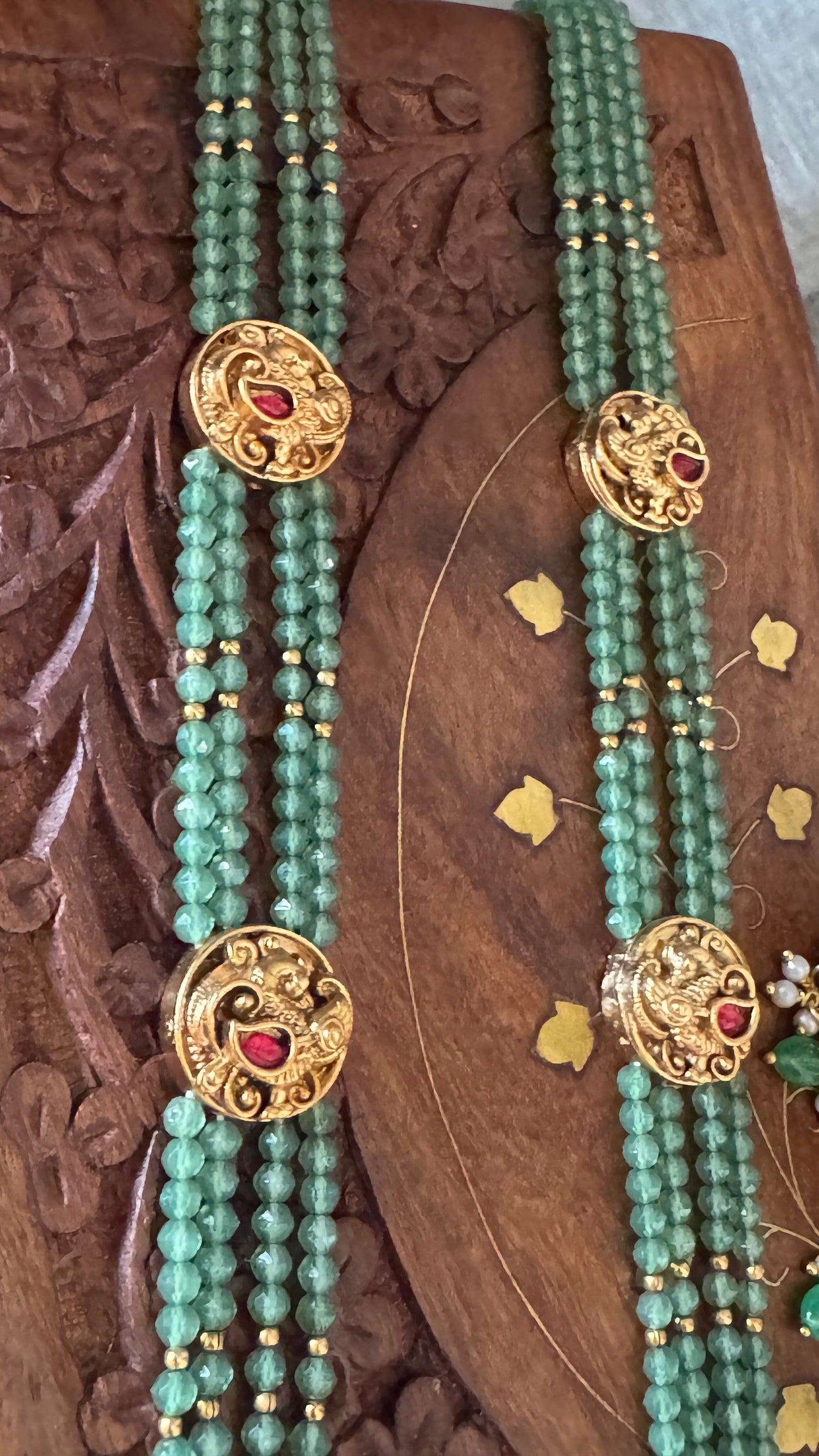 Green Multi-Layered Beaded Lakshmi Haaram Set with Jhumka