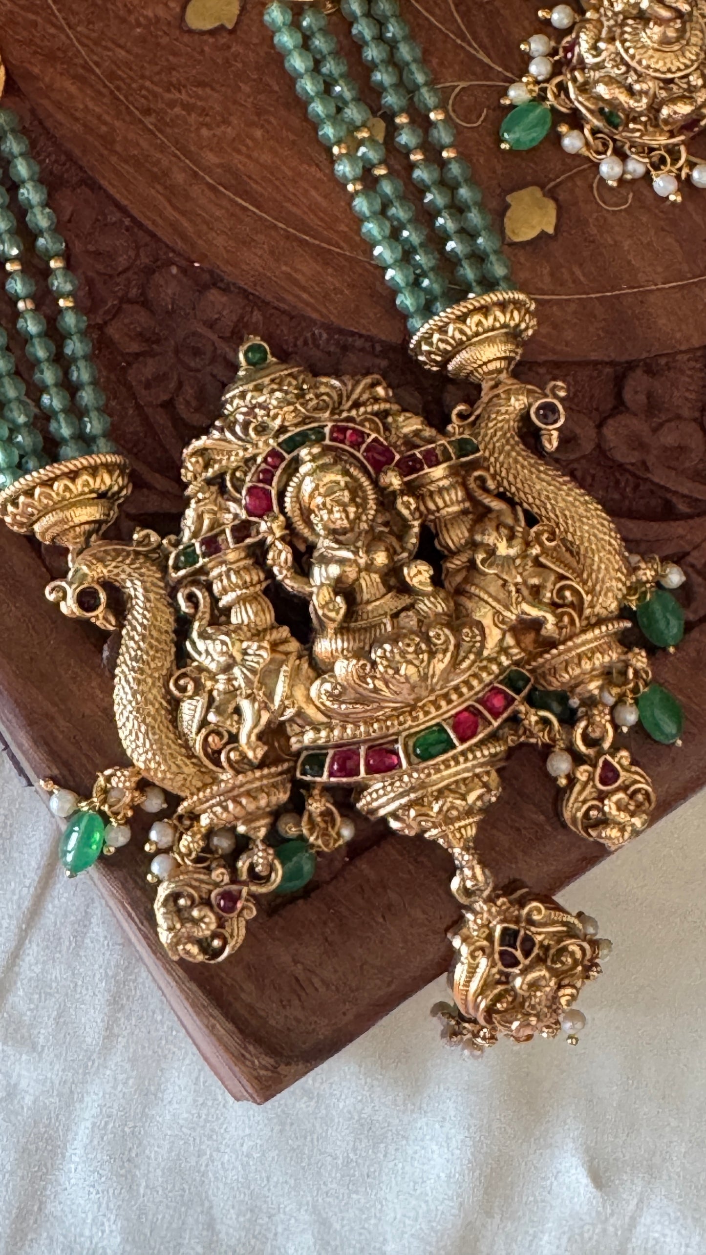Green Multi-Layered Beaded Lakshmi Haaram Set with Jhumka