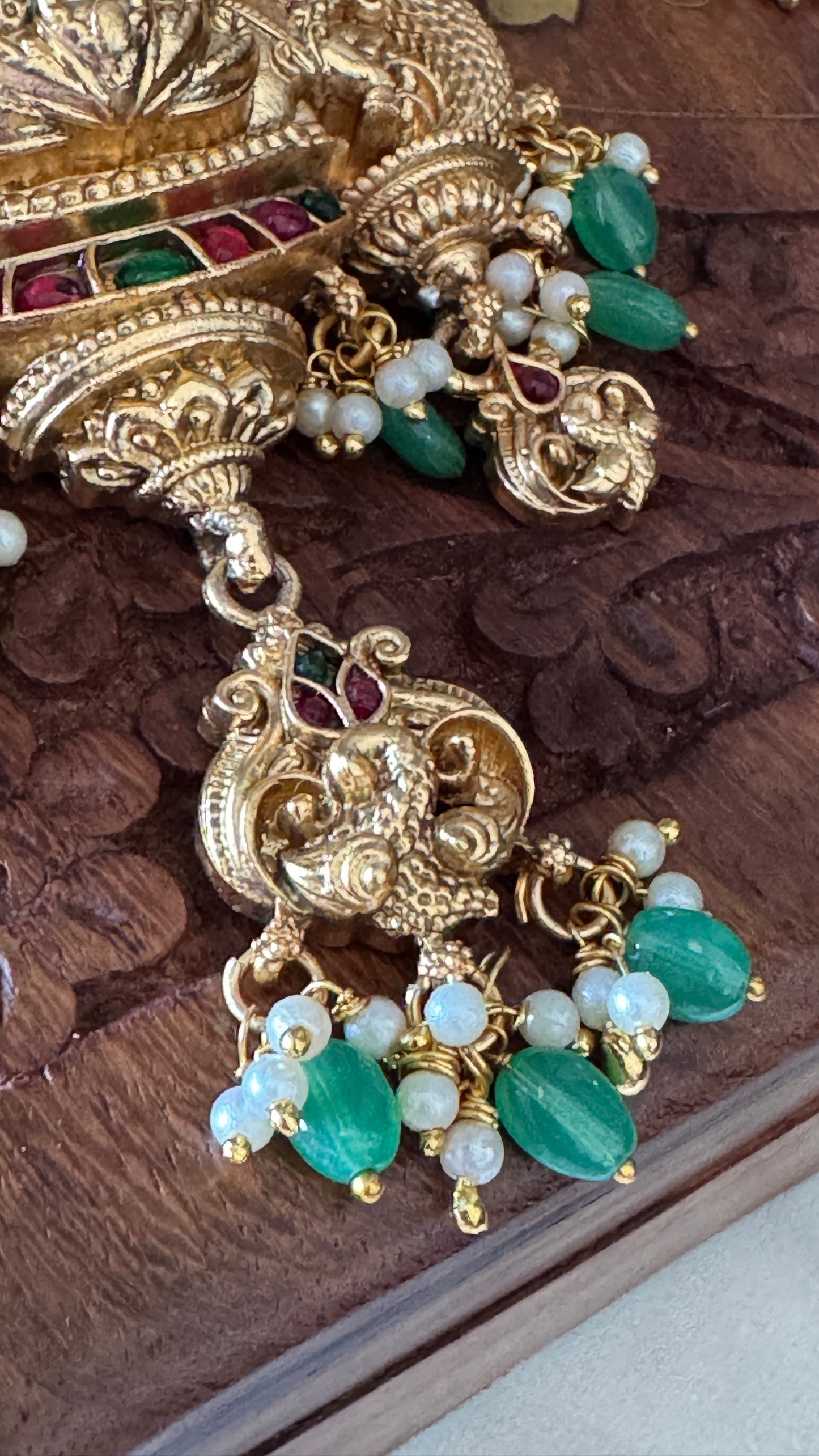 Green Multi-Layered Beaded Lakshmi Haaram Set with Jhumka