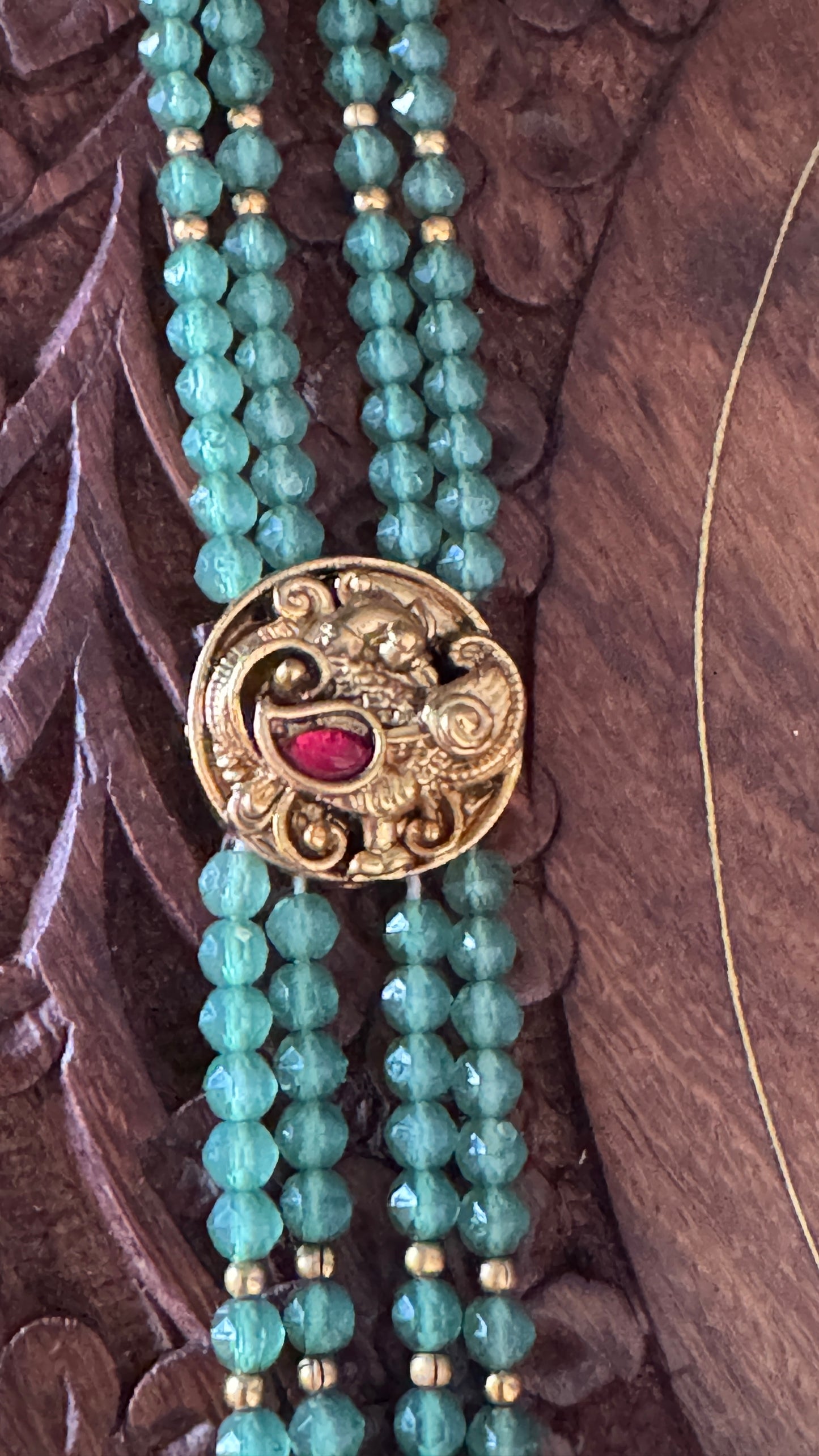 Green Multi-Layered Beaded Lakshmi Haaram Set with Jhumka