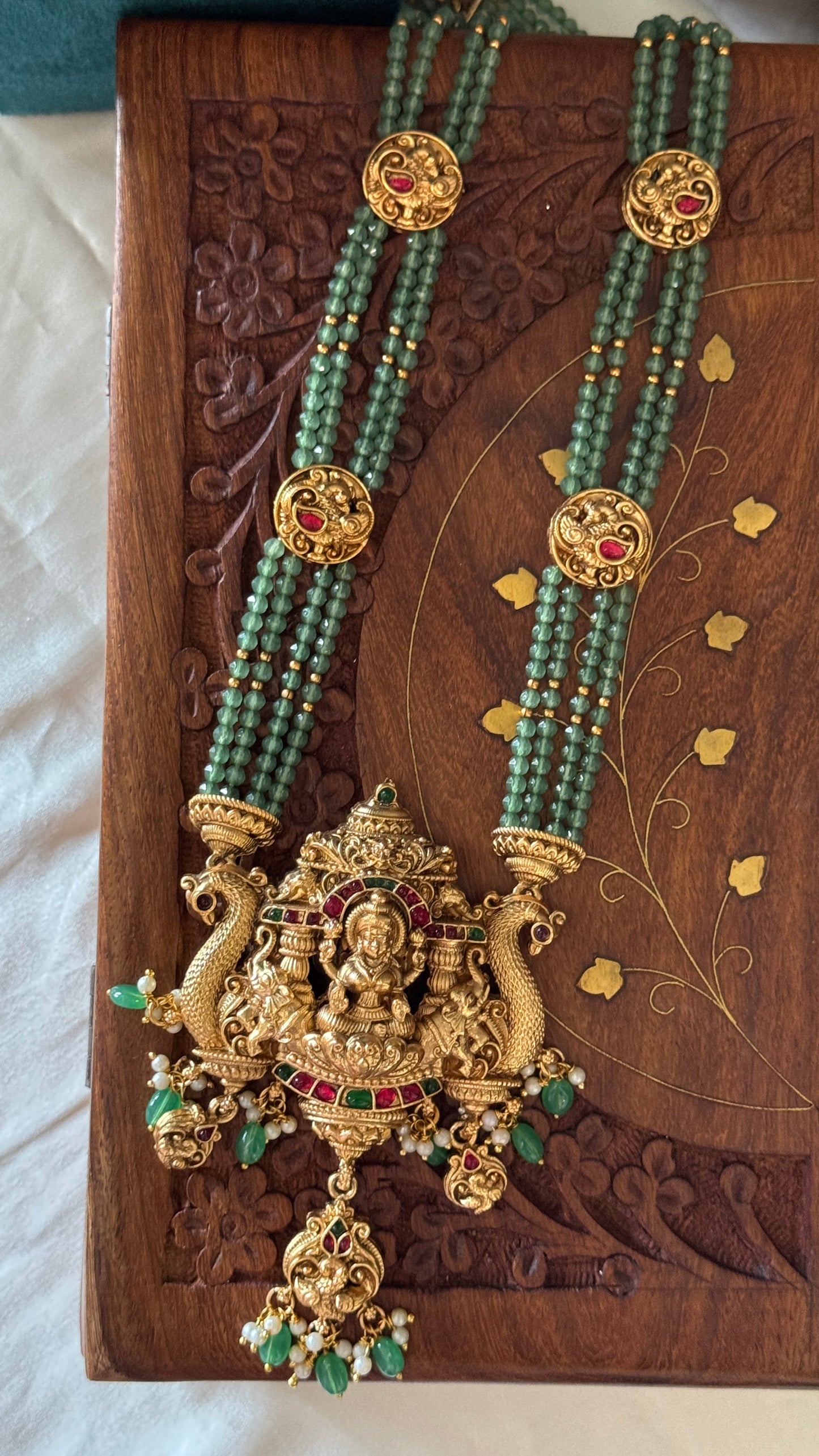 Green Multi-Layered Beaded Lakshmi Haaram Set with Jhumka