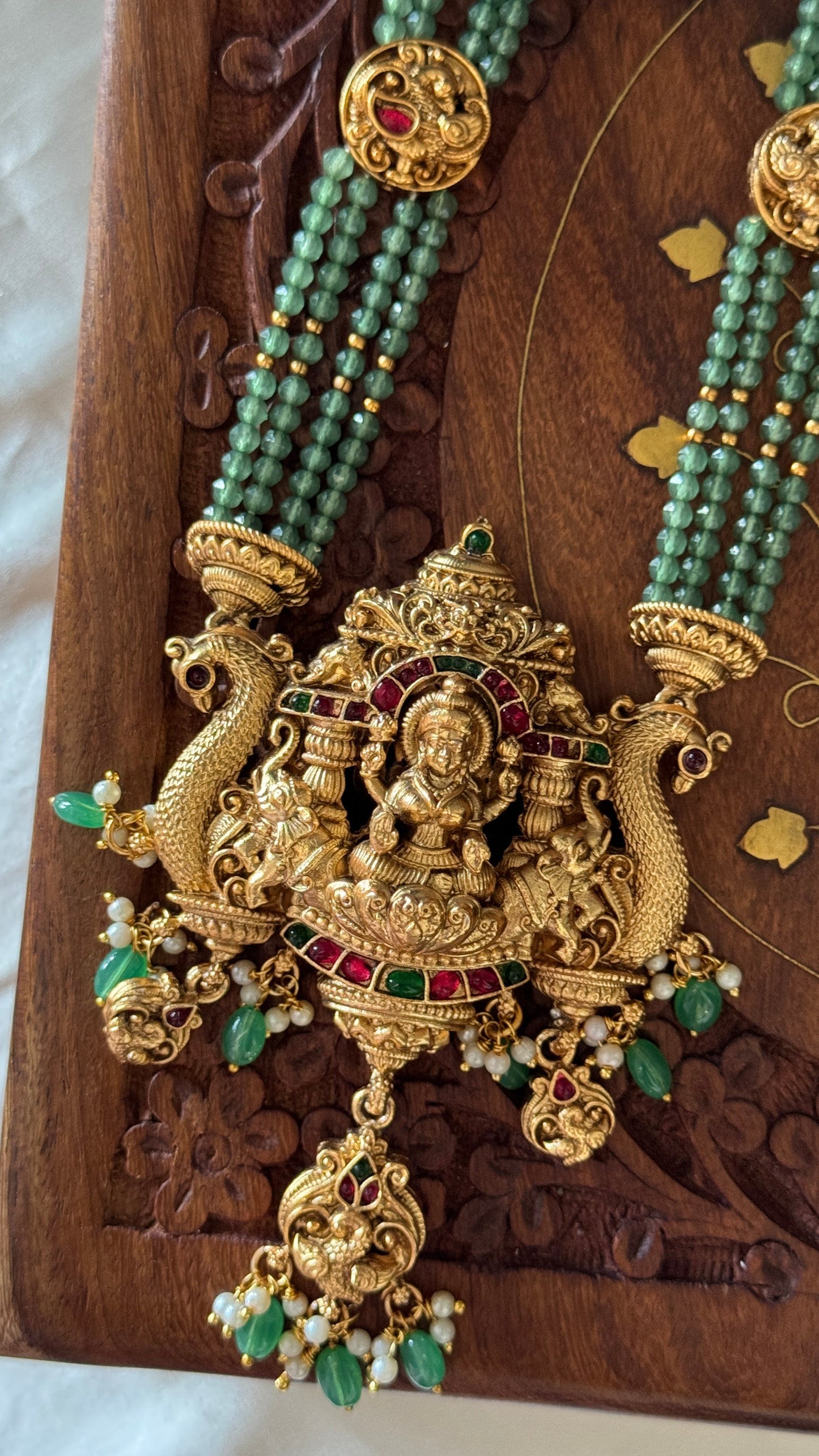 Green Multi-Layered Beaded Lakshmi Haaram Set with Jhumka