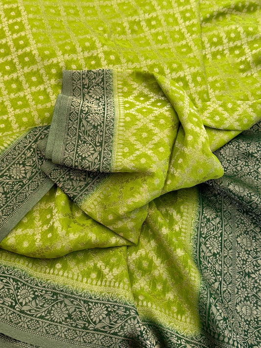 Pure Georgette Silk Banarasi Saree β Mehendi Green