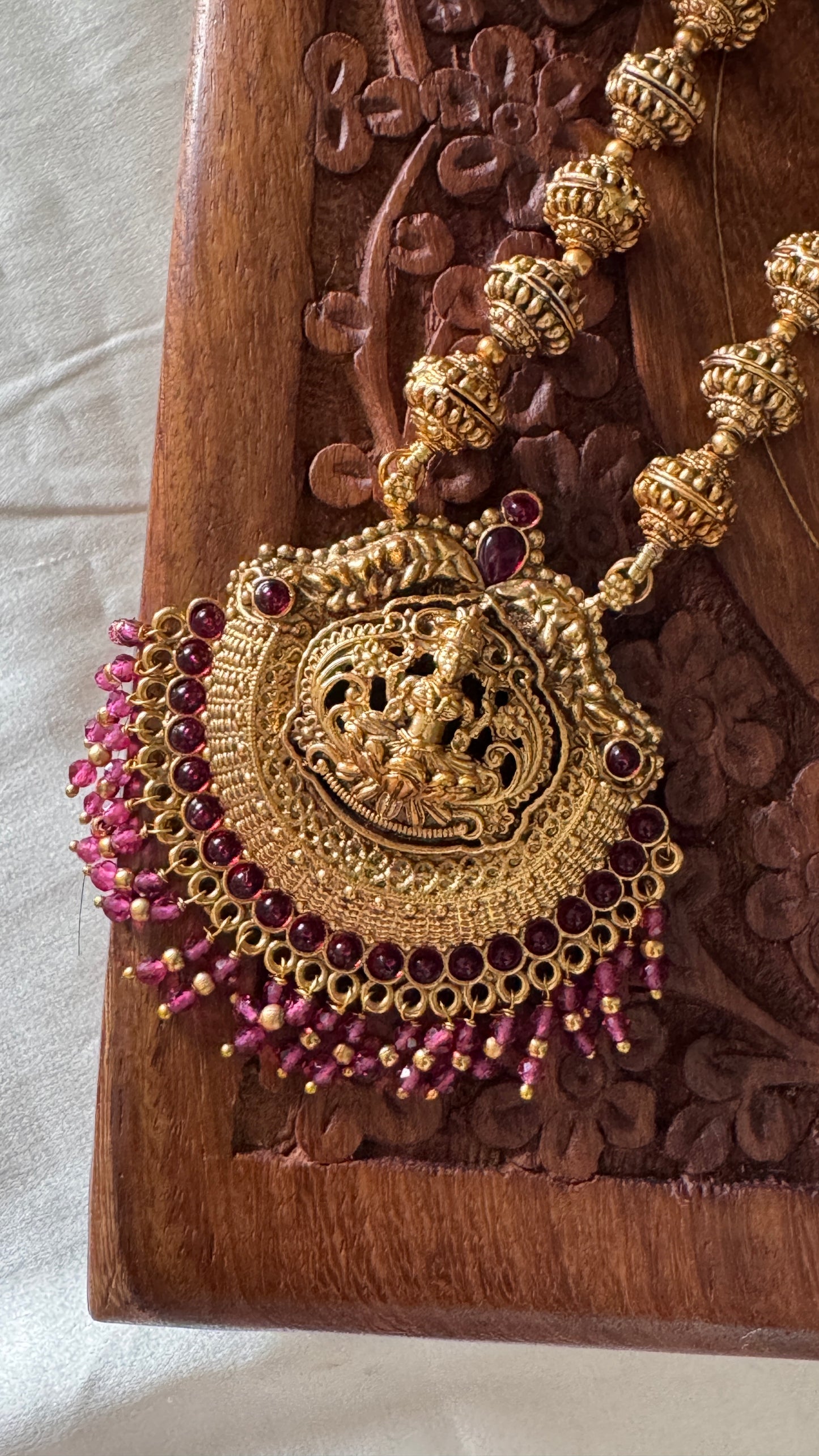 Antique Gold-Plated South Indian Temple Beaded Lakshmi Haaram Set