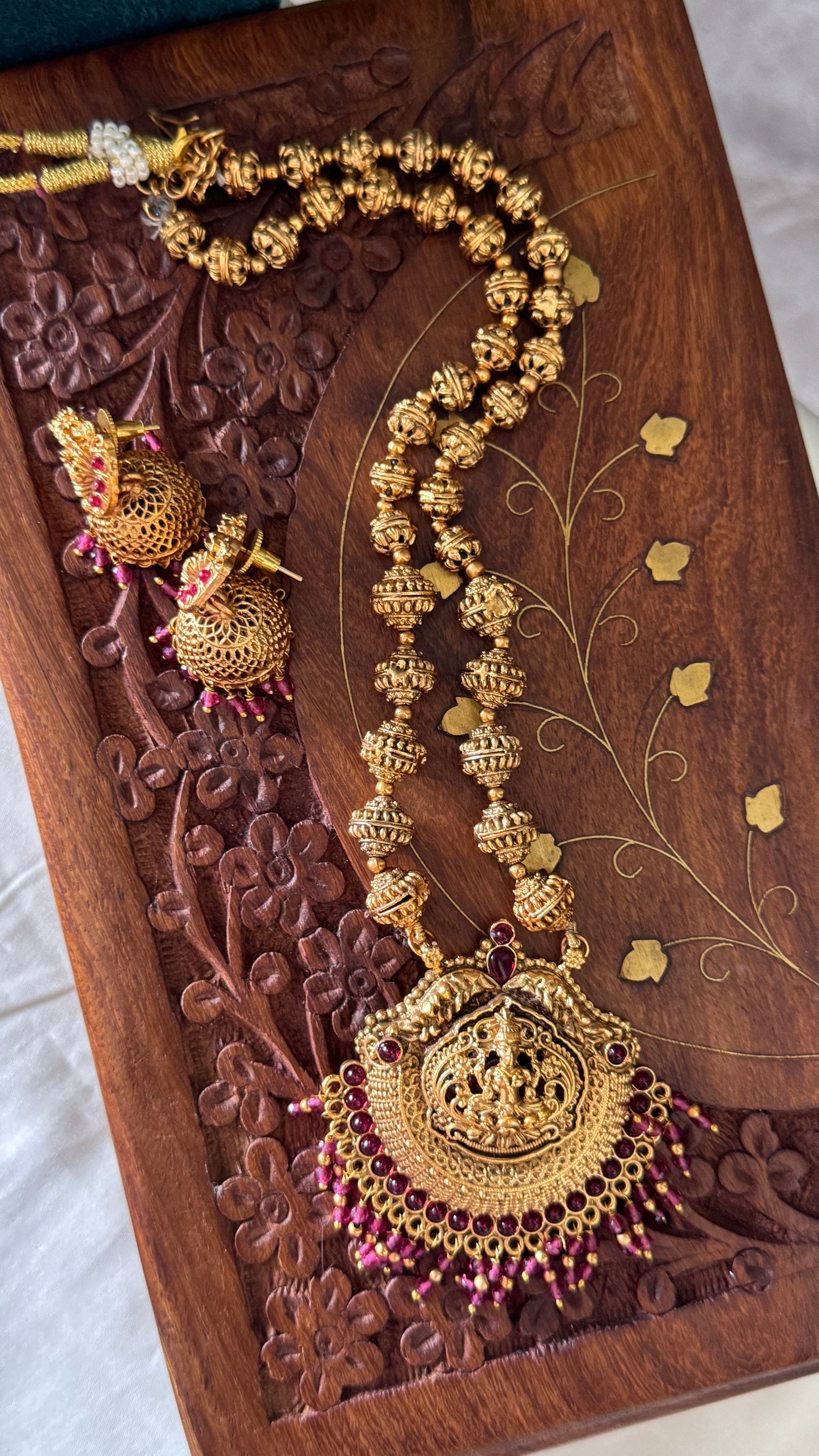 Antique Gold-Plated South Indian Temple Beaded Lakshmi Haaram Set