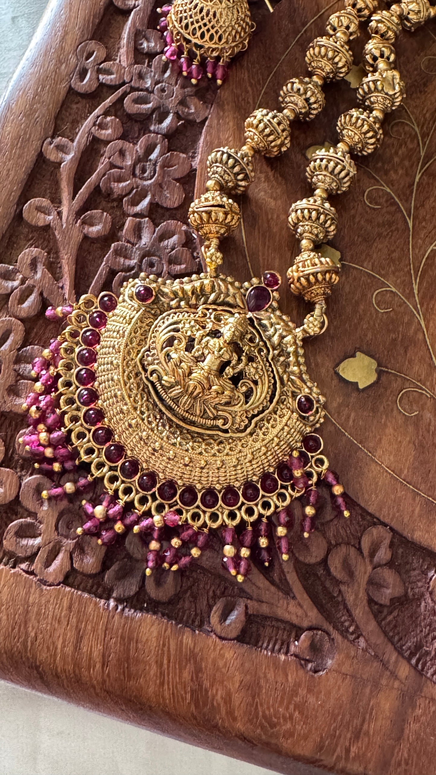 Antique Gold-Plated South Indian Temple Beaded Lakshmi Haaram Set