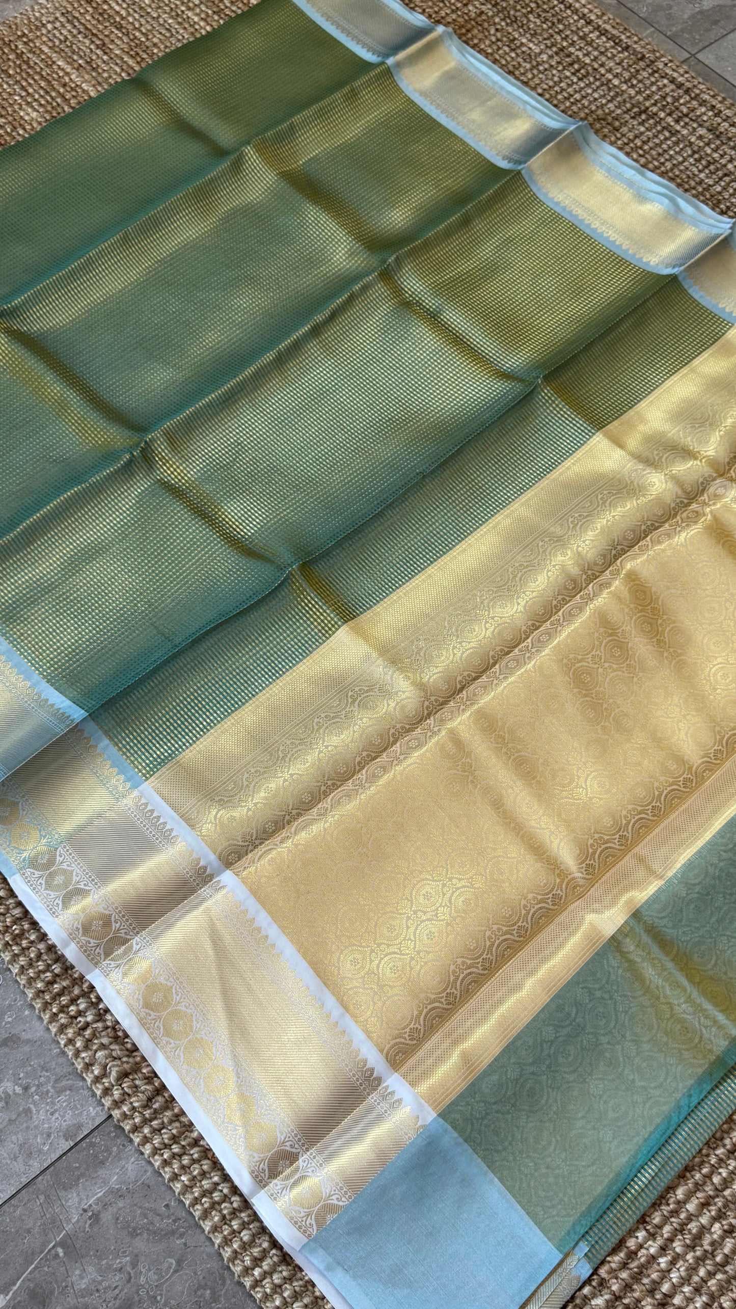 Green Semi Tissue Silk Saree with Baby Green Border