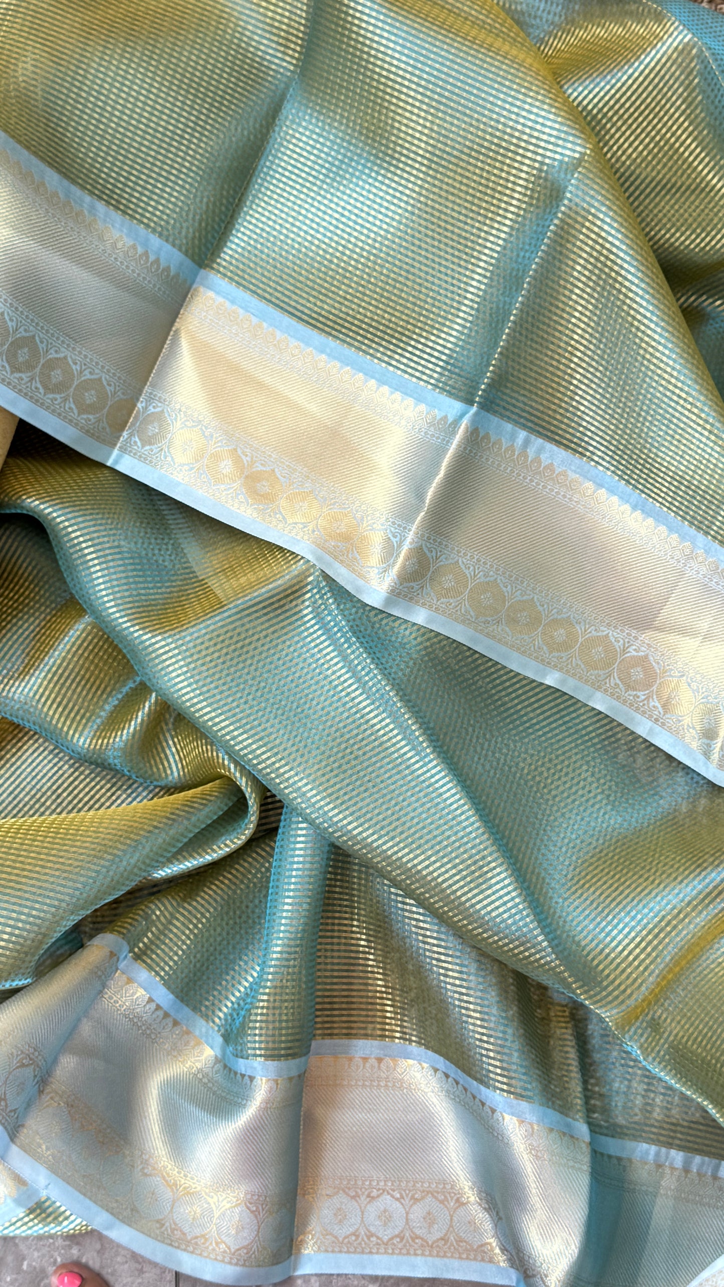 Green Semi Tissue Silk Saree with Baby Green Border