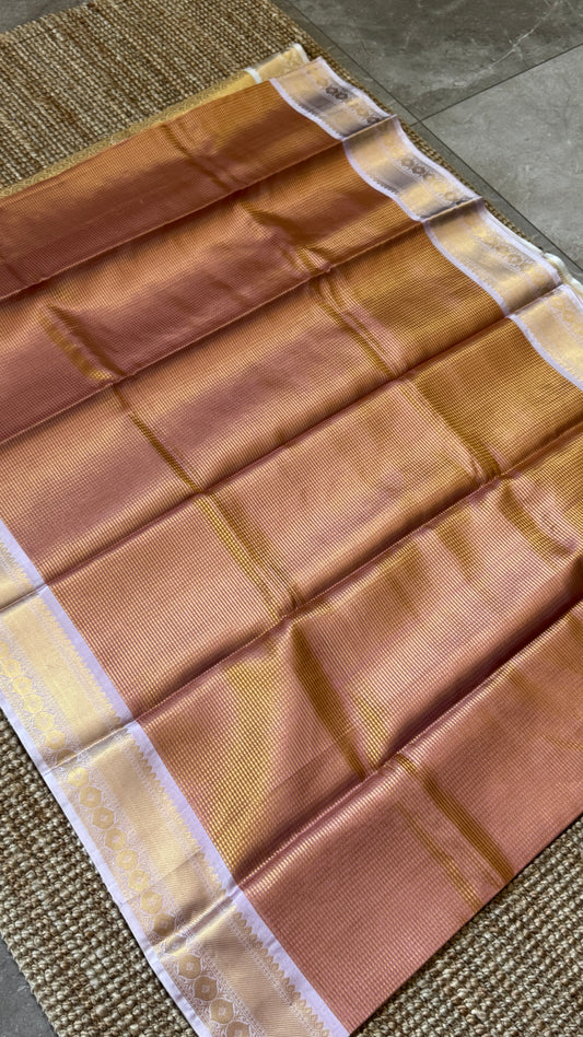 Copper Bronze Semi Tissue Silk Saree with Baby Pink Border