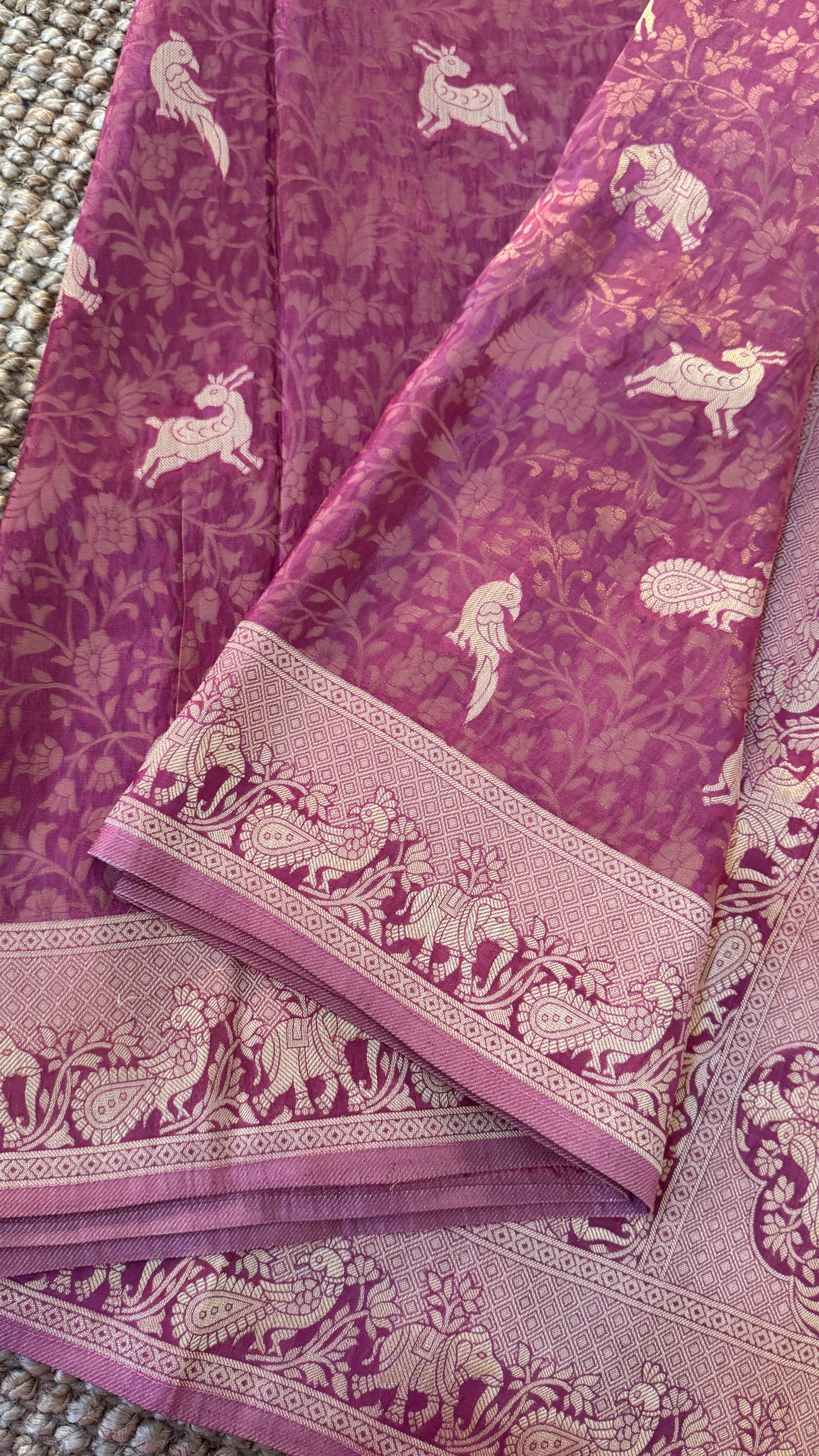 Soft Tissue Silk Saree in Unique Pink Shade with Intricate Animal Motifs