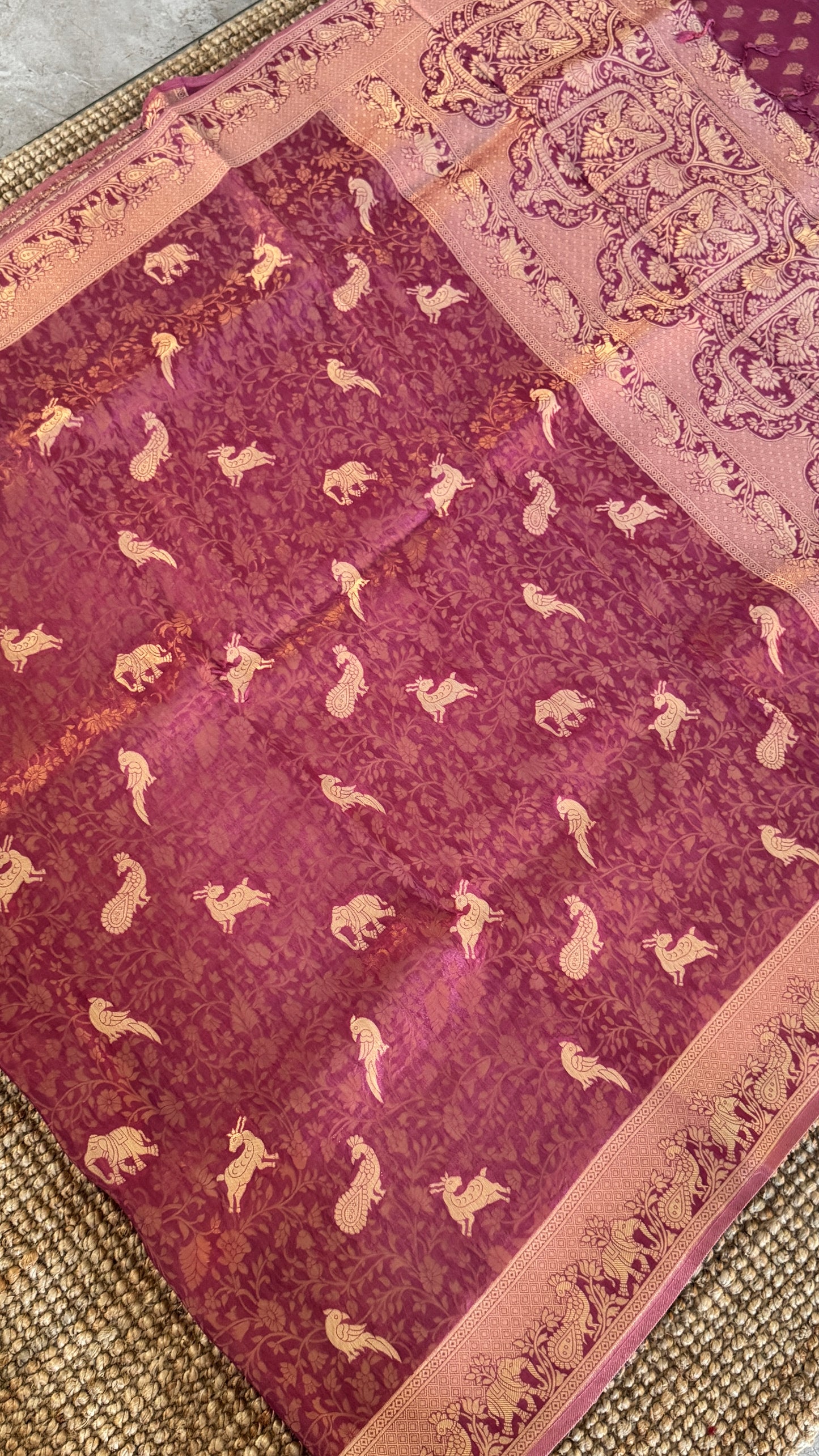 Soft Tissue Silk Saree in Unique Pink Shade with Intricate Animal Motifs