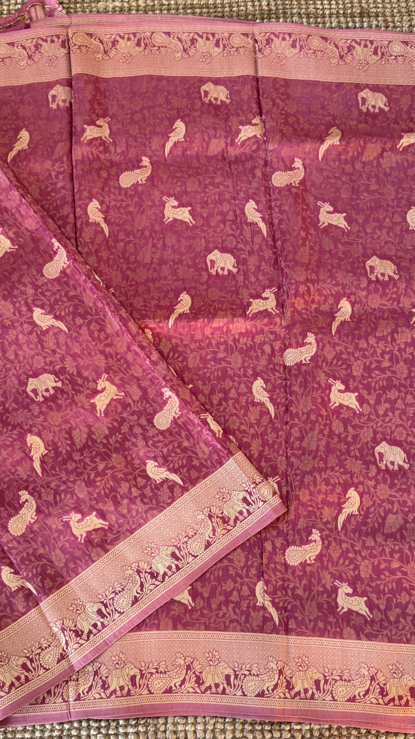 Soft Tissue Silk Saree in Unique Pink Shade with Intricate Animal Motifs