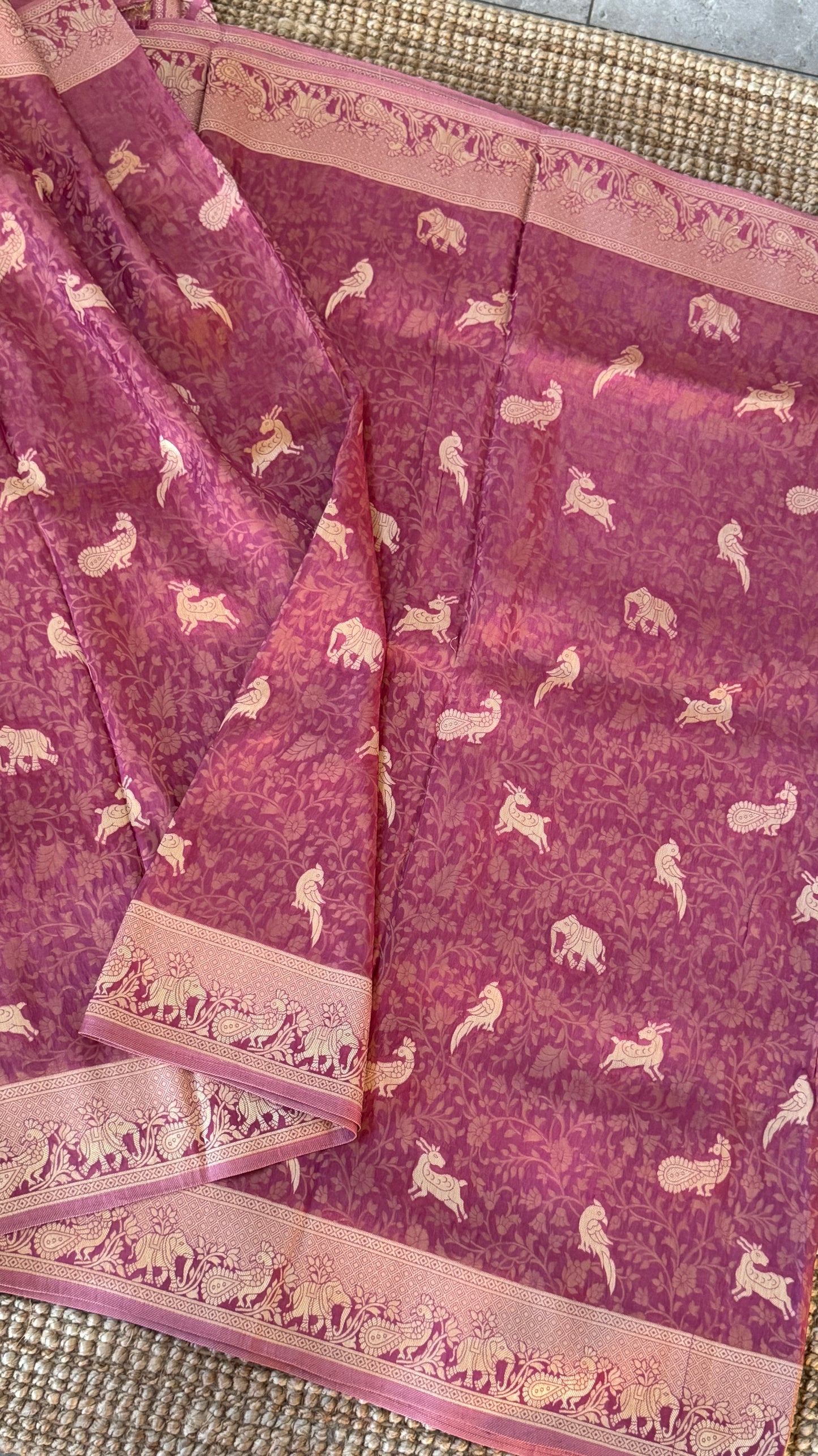 Soft Tissue Silk Saree in Unique Pink Shade with Intricate Animal Motifs