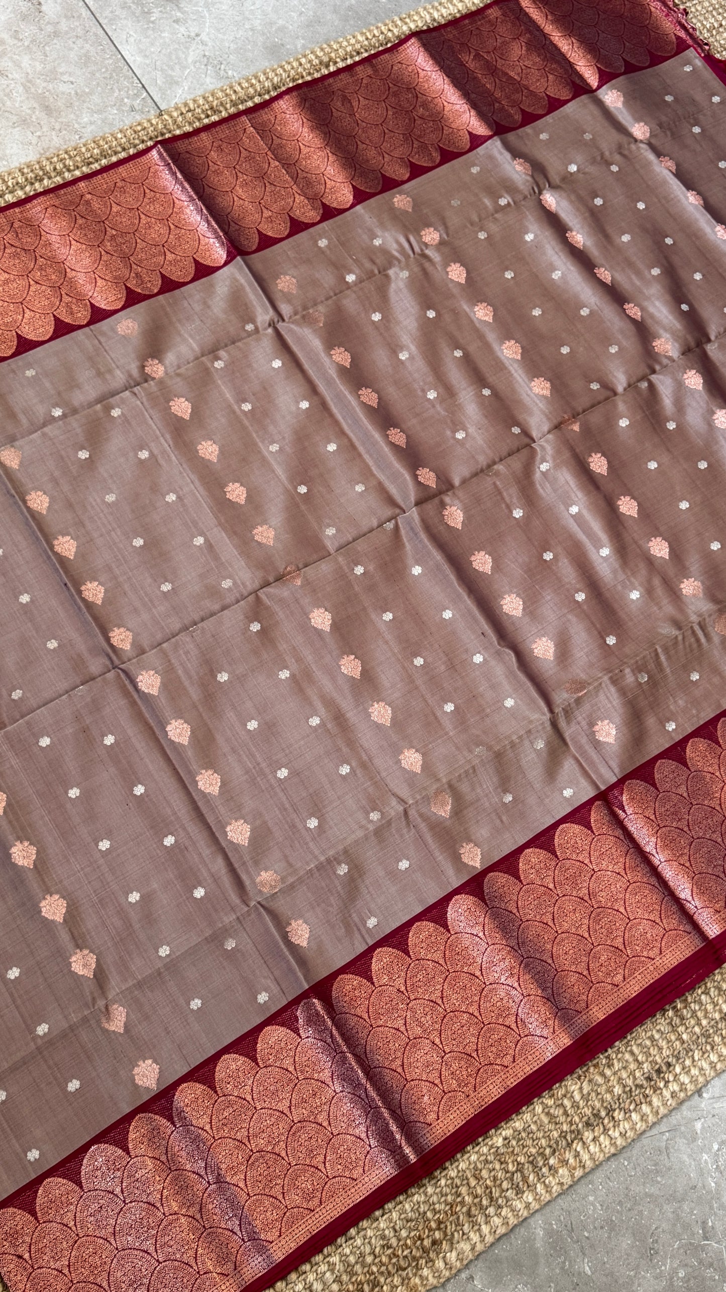 PURE SOFT SILK HANDLOOM SAREE – Nude with Maroon and Rose Gold Border