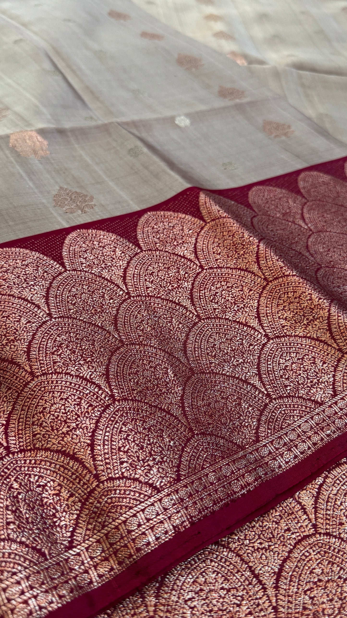 PURE SOFT SILK HANDLOOM SAREE – Nude with Maroon and Rose Gold Border