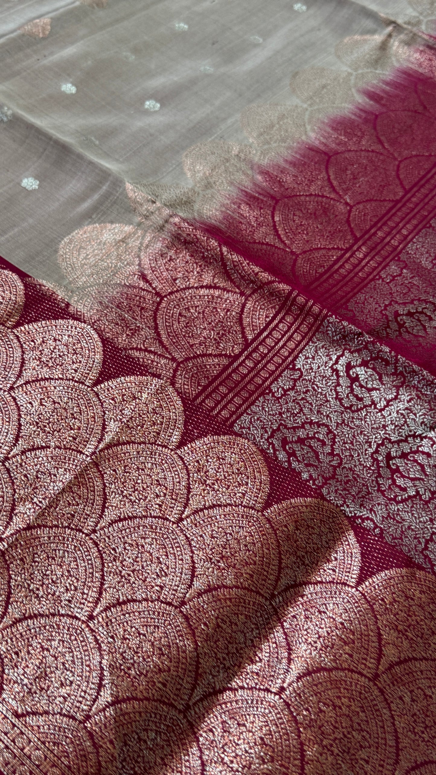 PURE SOFT SILK HANDLOOM SAREE – Nude with Maroon and Rose Gold Border