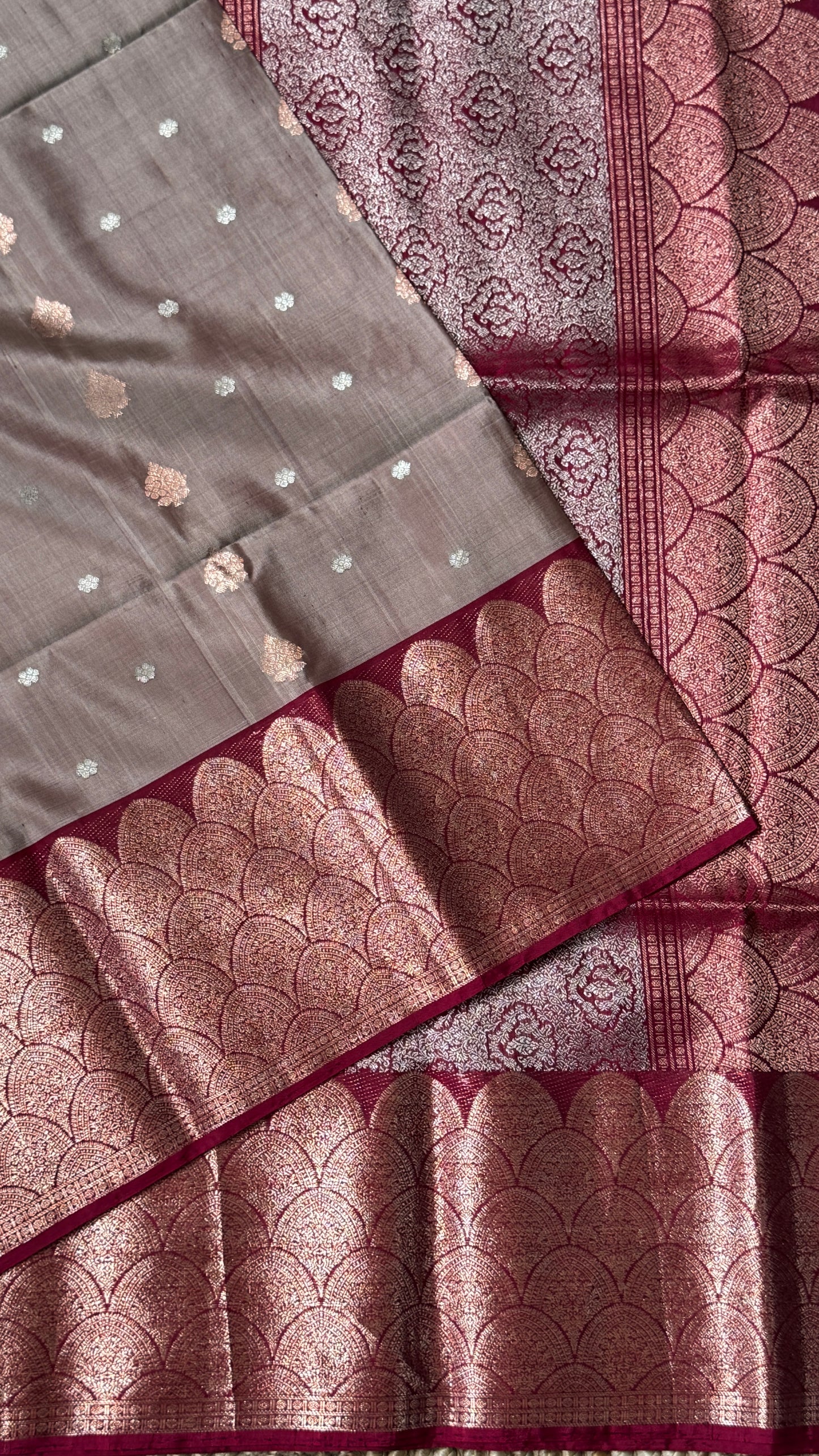 PURE SOFT SILK HANDLOOM SAREE – Nude with Maroon and Rose Gold Border