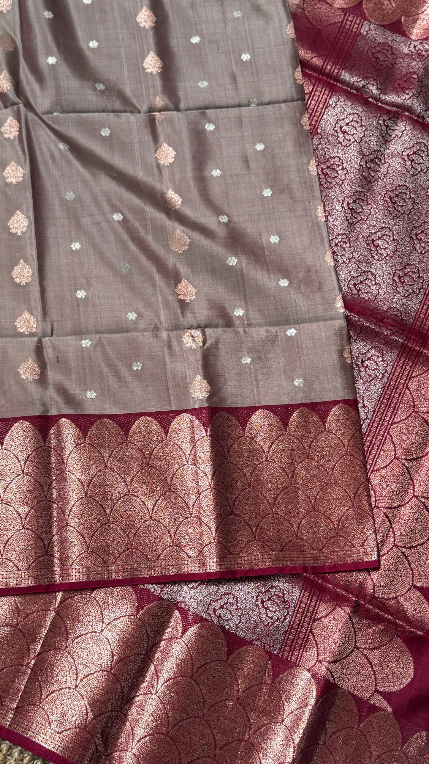 PURE SOFT SILK HANDLOOM SAREE – Nude with Maroon and Rose Gold Border