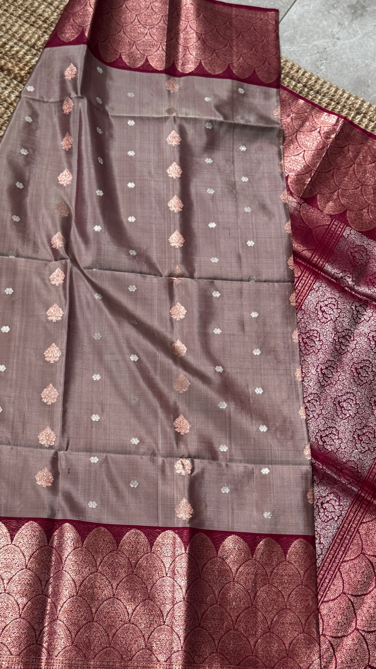 PURE SOFT SILK HANDLOOM SAREE – Nude with Maroon and Rose Gold Border