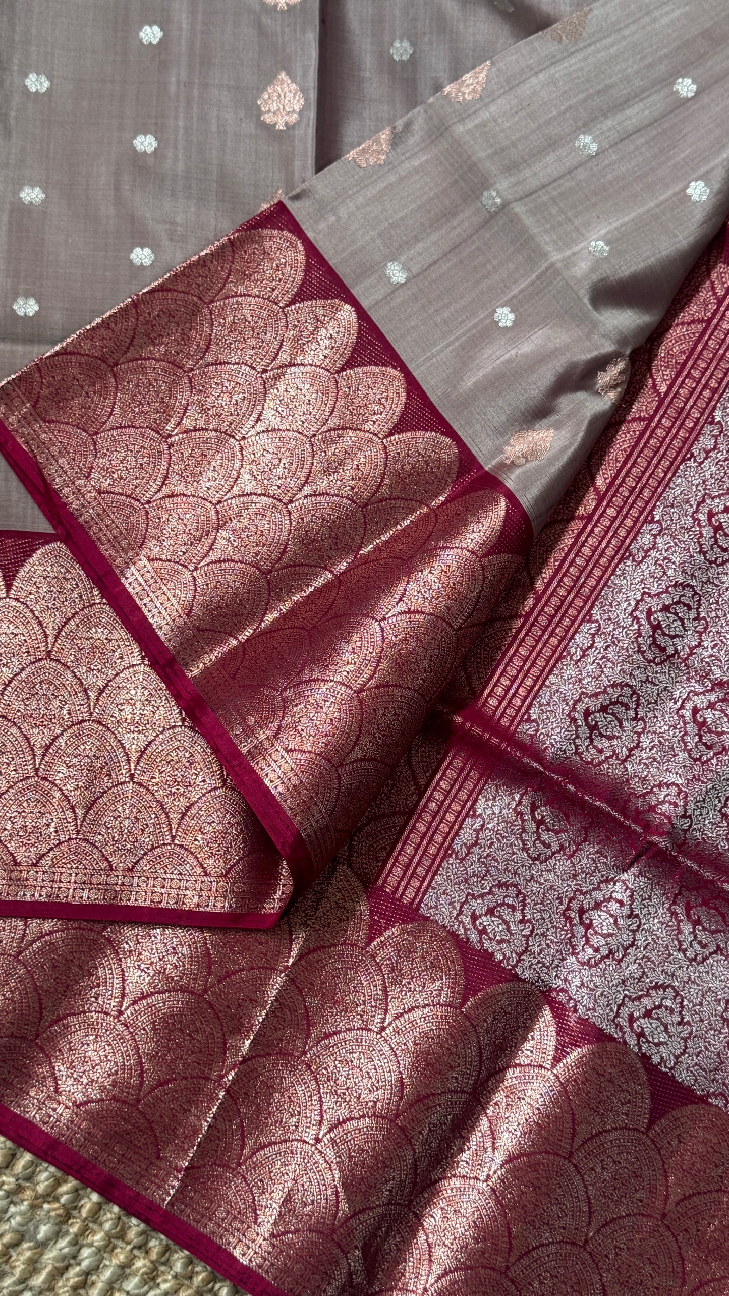 PURE SOFT SILK HANDLOOM SAREE – Nude with Maroon and Rose Gold Border
