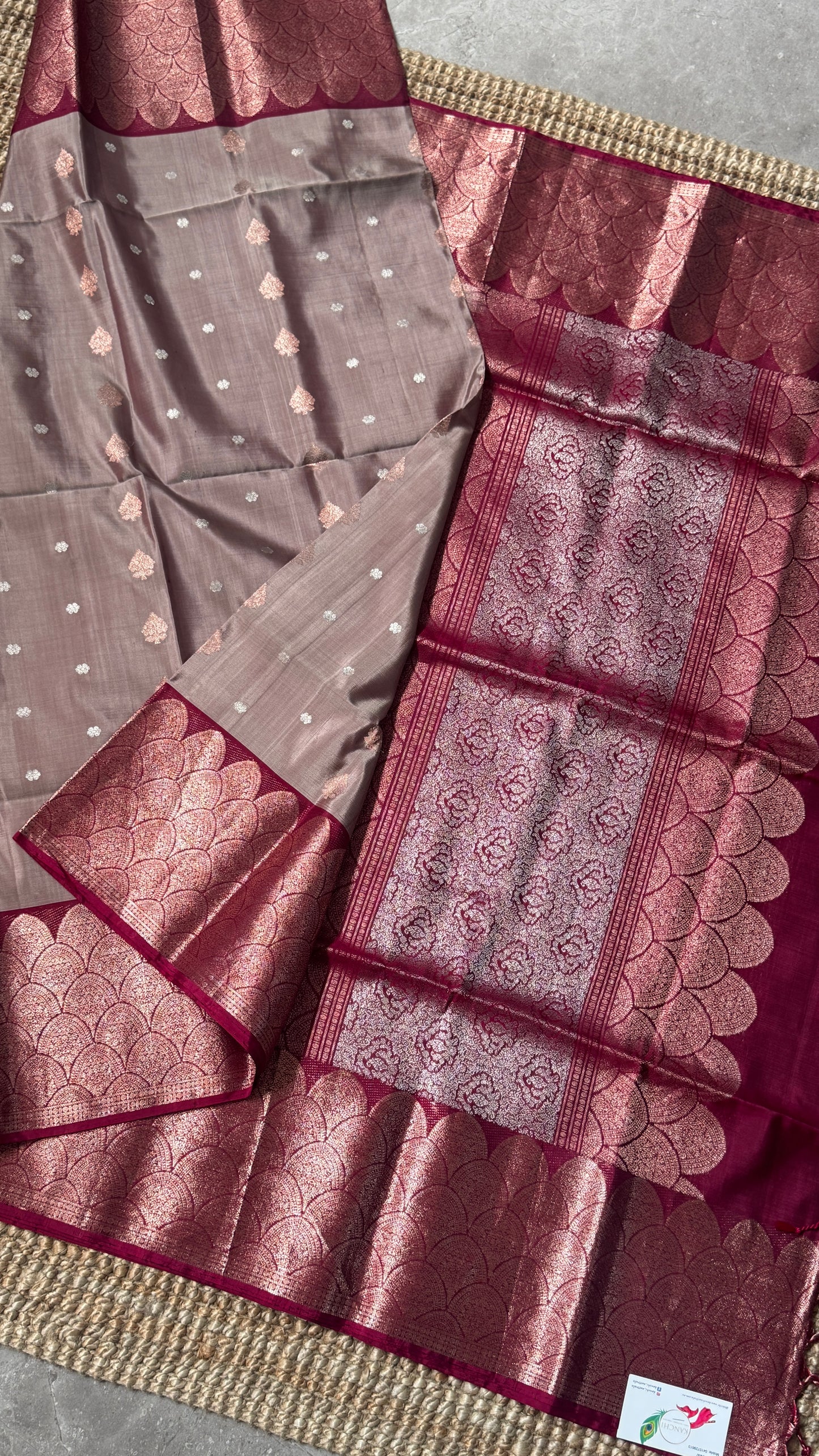PURE SOFT SILK HANDLOOM SAREE – Nude with Maroon and Rose Gold Border