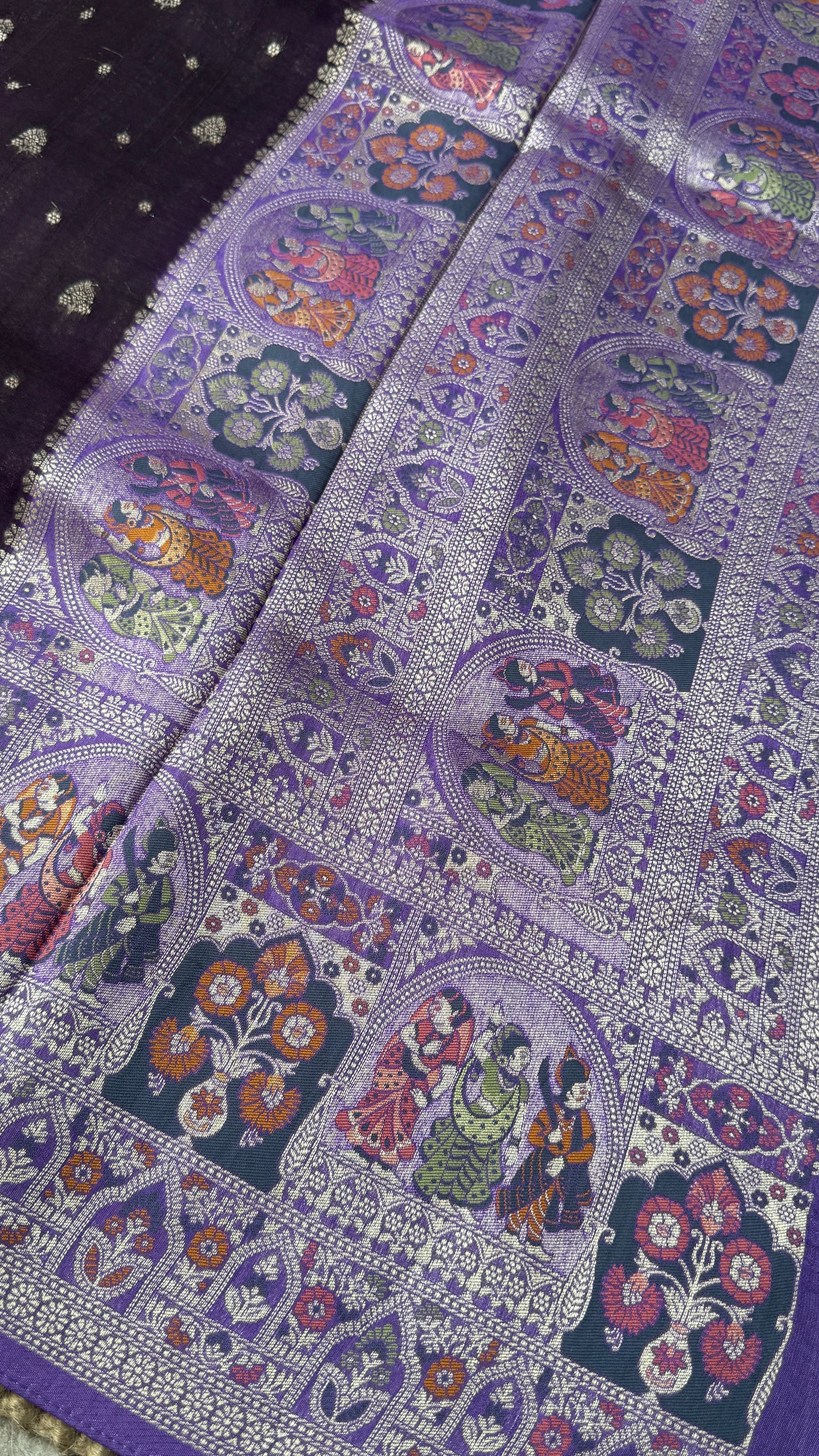 Tussar Raw Silk Handloom – Paithani Borders - Deep Violet with Lavender