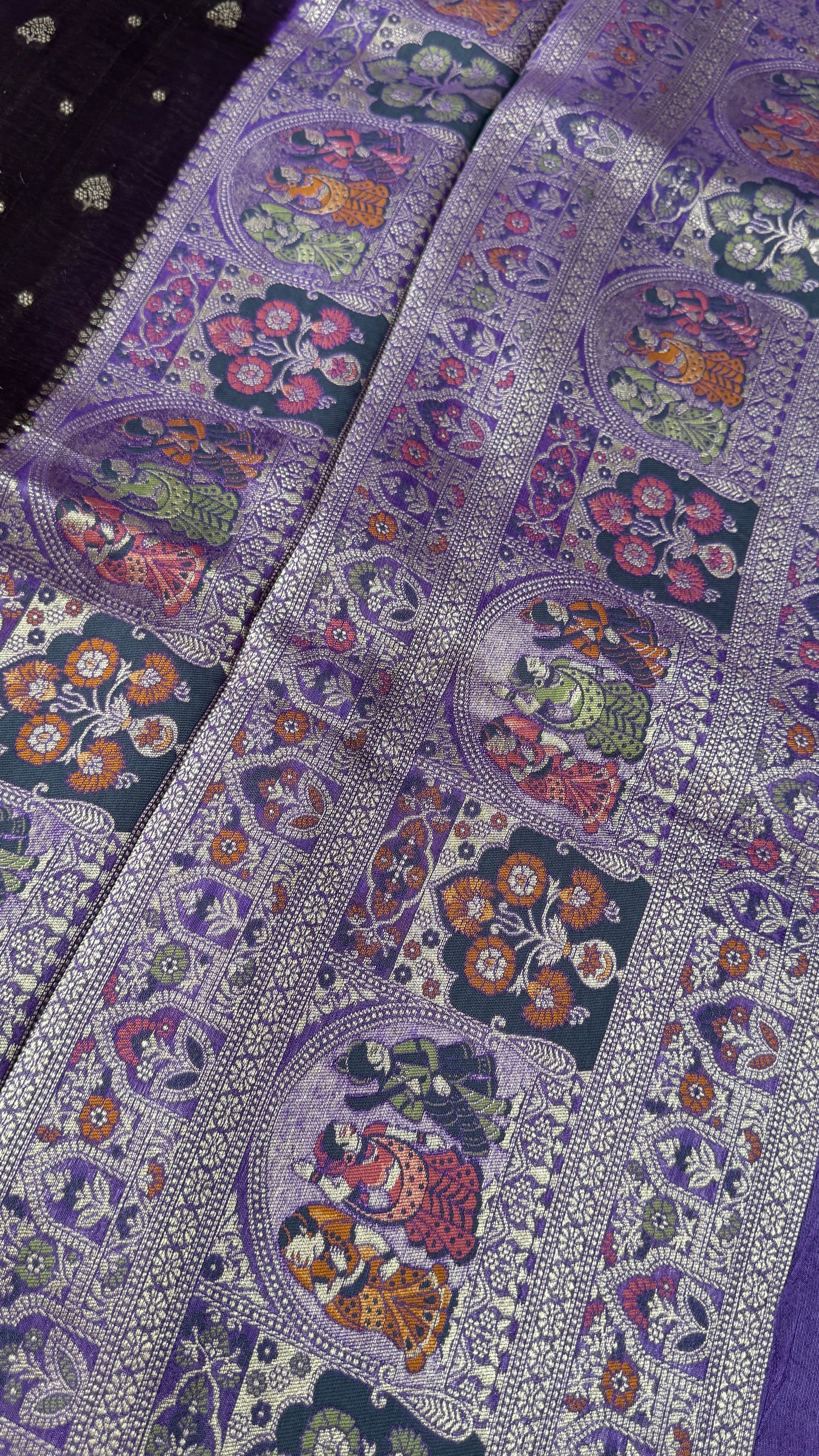 Tussar Raw Silk Handloom – Paithani Borders - Deep Violet with Lavender