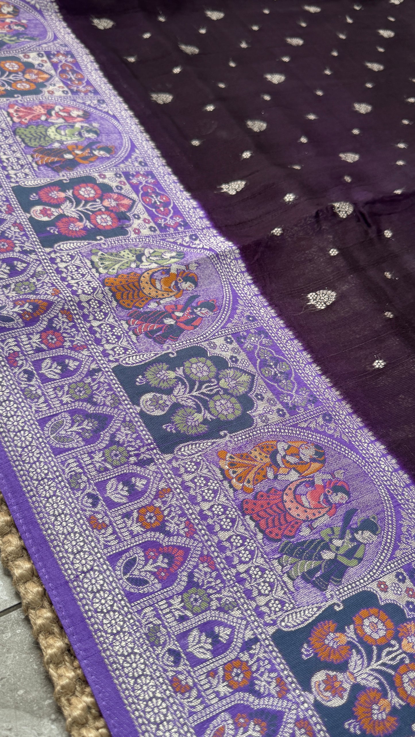Tussar Raw Silk Handloom – Paithani Borders - Deep Violet with Lavender