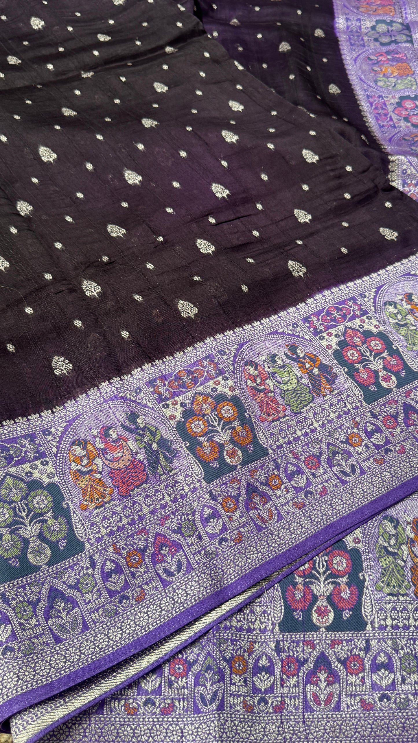 Tussar Raw Silk Handloom – Paithani Borders - Deep Violet with Lavender