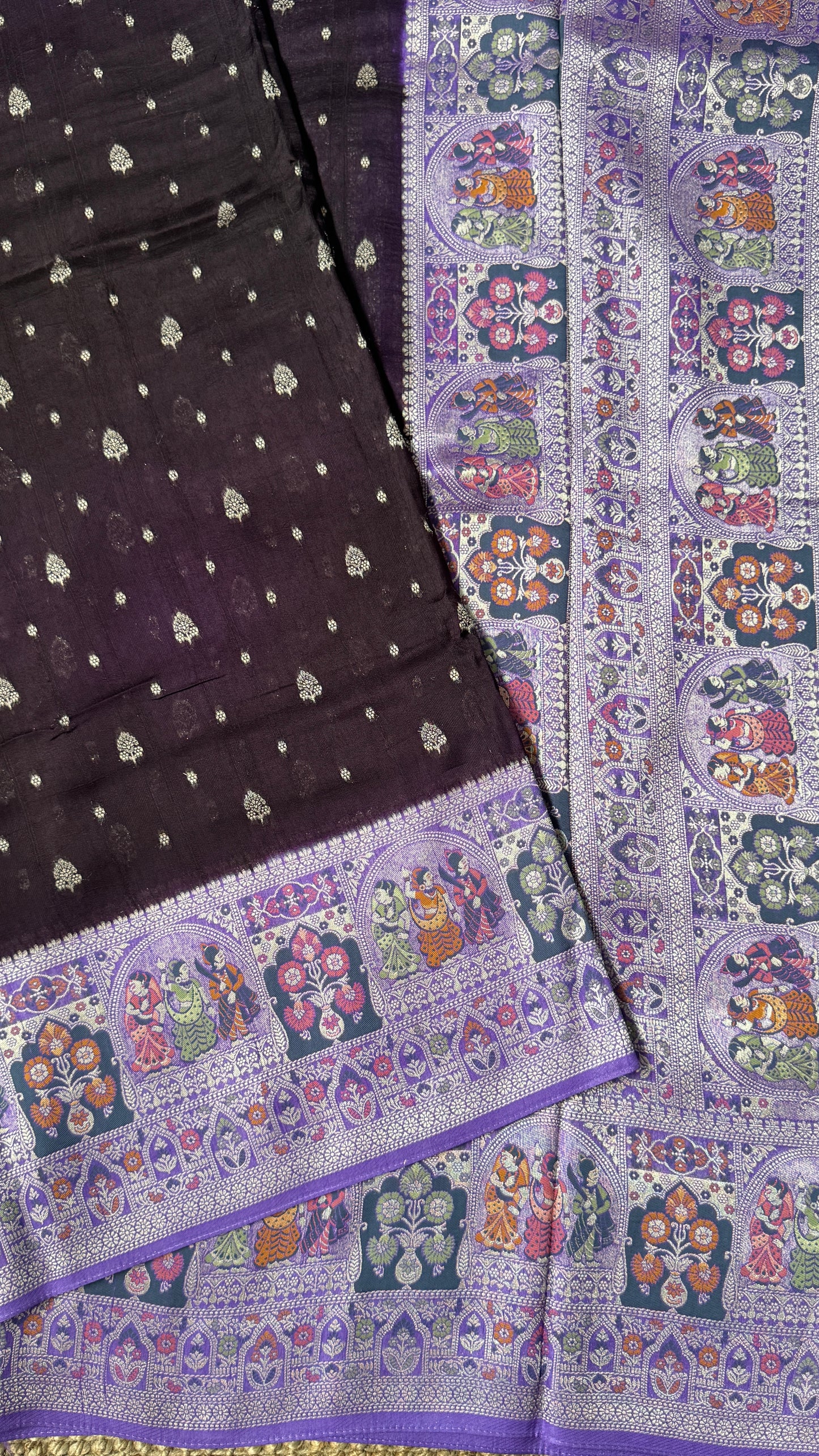Tussar Raw Silk Handloom – Paithani Borders - Deep Violet with Lavender