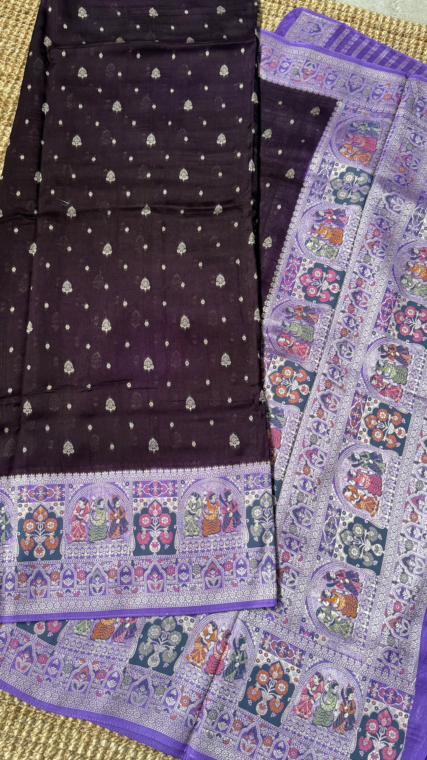 Tussar Raw Silk Handloom – Paithani Borders - Deep Violet with Lavender