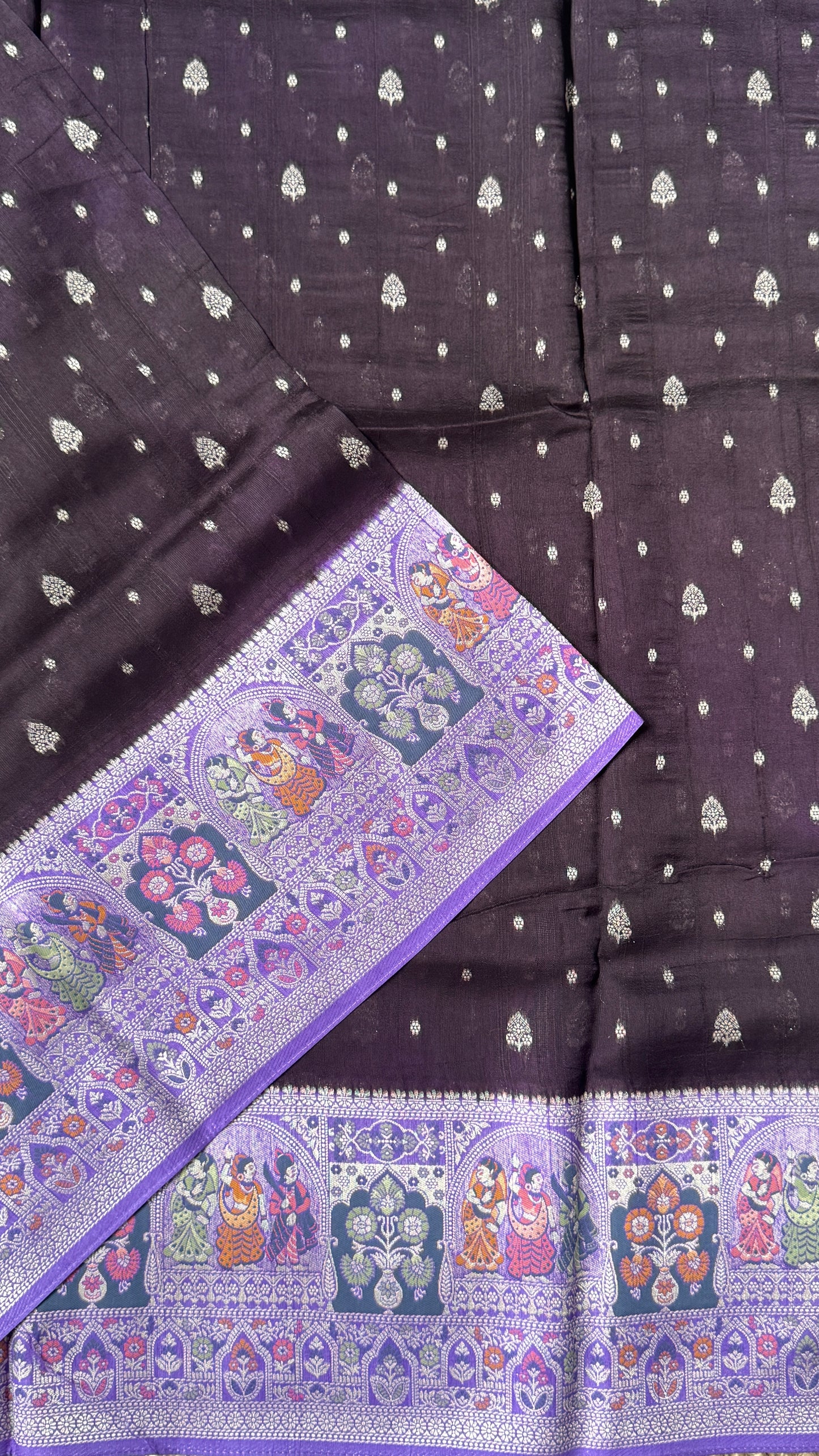 Tussar Raw Silk Handloom – Paithani Borders - Deep Violet with Lavender