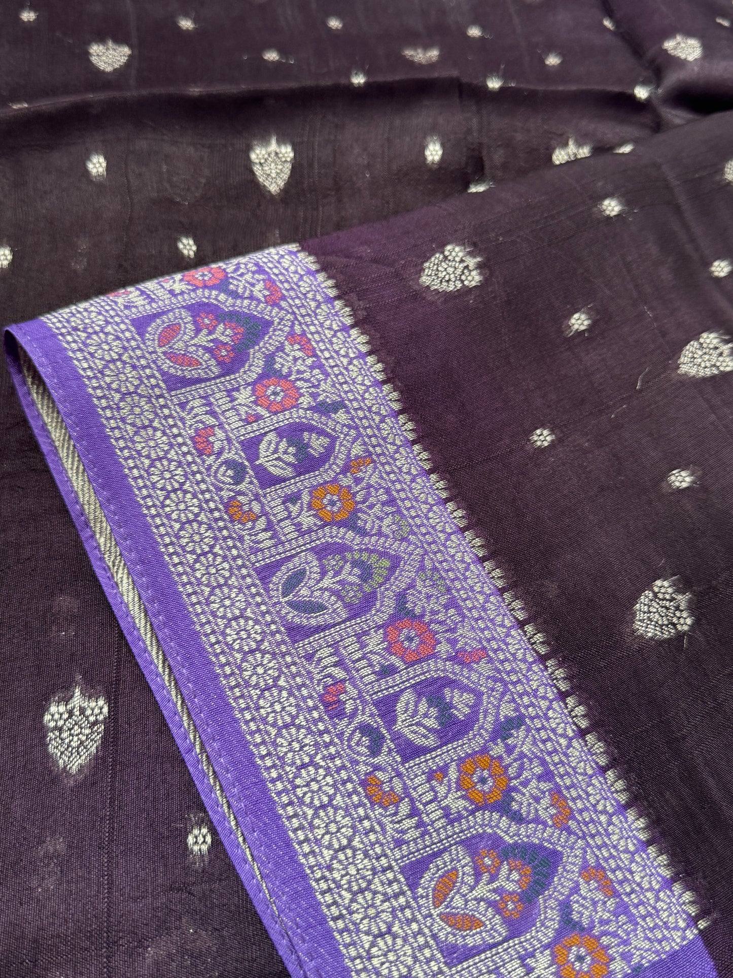 Tussar Raw Silk Handloom – Paithani Borders - Deep Violet with Lavender