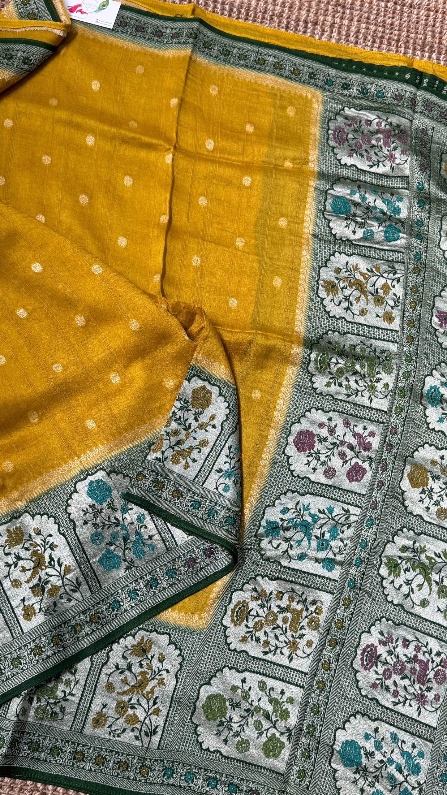 Tussar Raw Silk Handloom – Paithani Borders - Mustard with Green