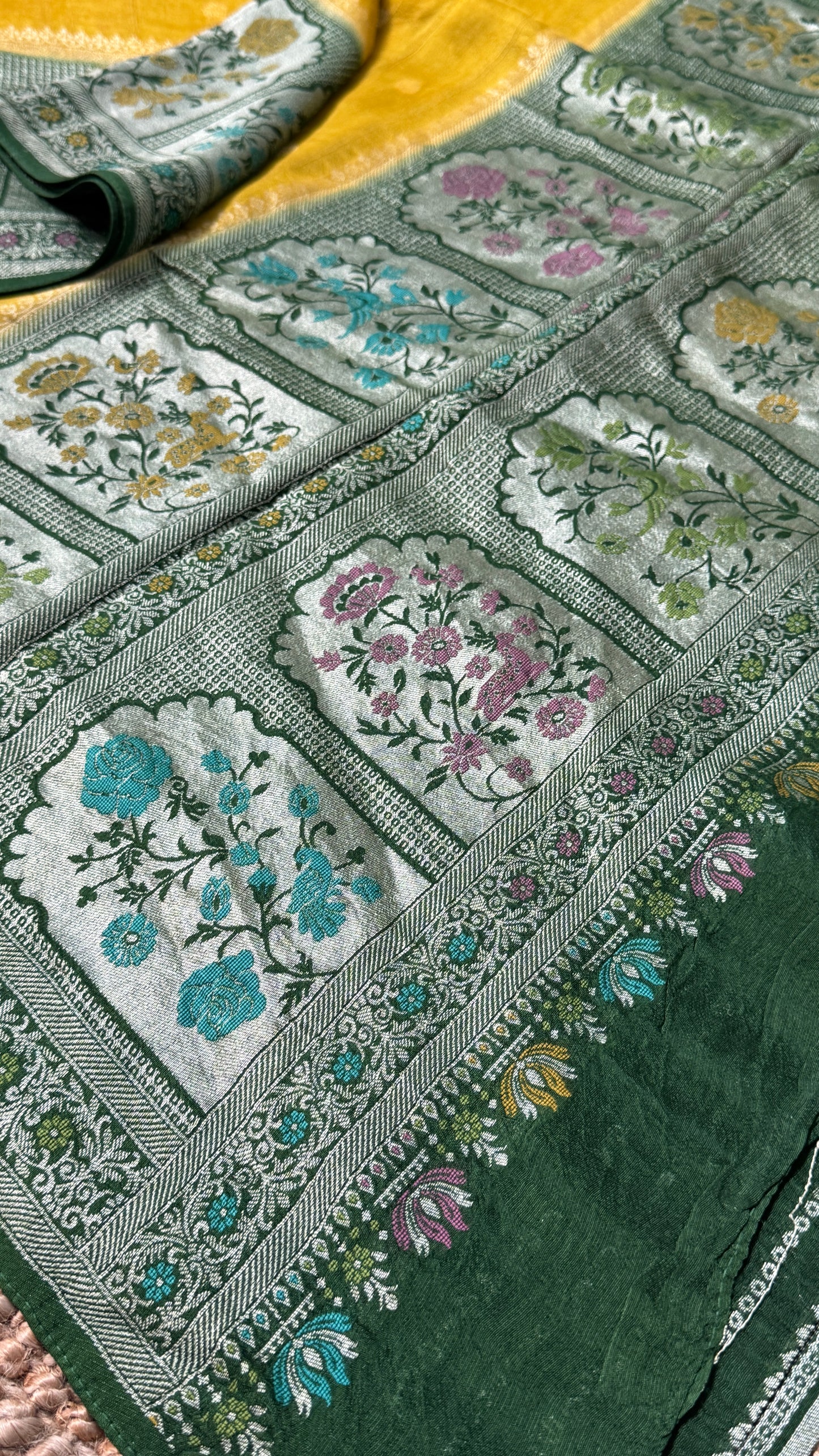 Tussar Raw Silk Handloom – Paithani Borders - Mustard with Green