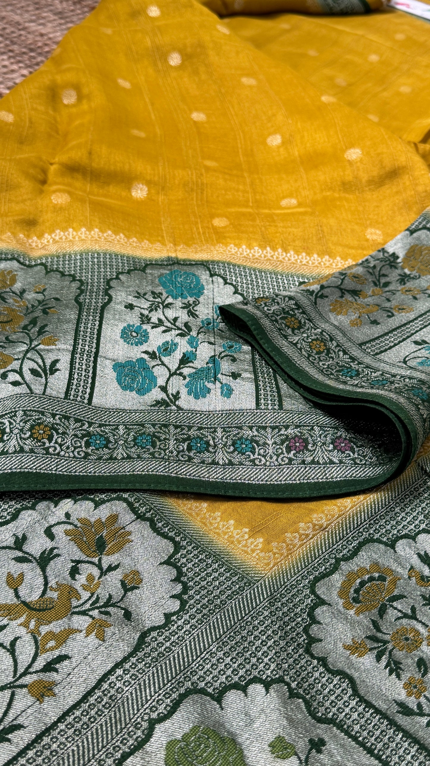 Tussar Raw Silk Handloom – Paithani Borders - Mustard with Green