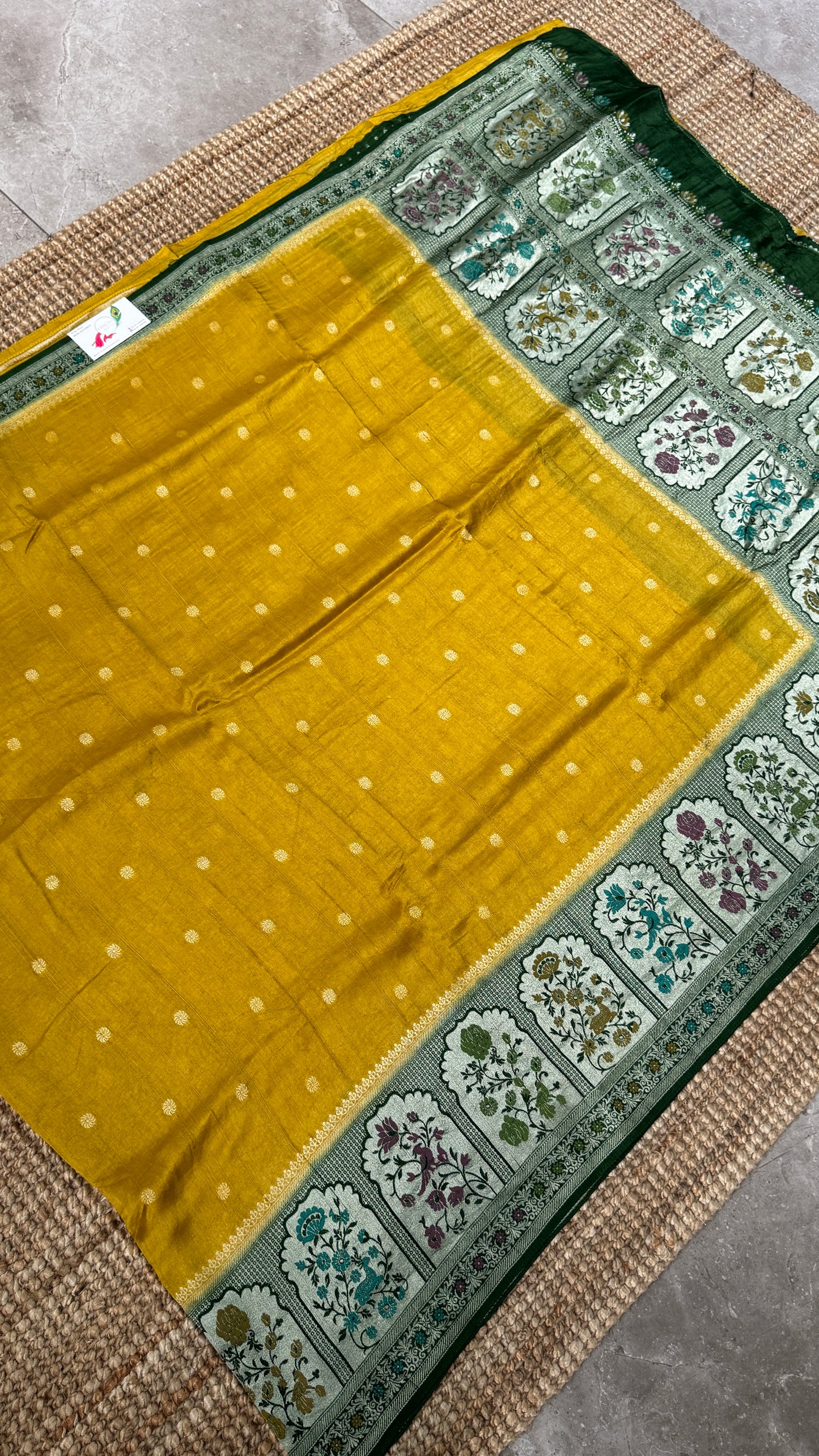 Tussar Raw Silk Handloom – Paithani Borders - Mustard with Green
