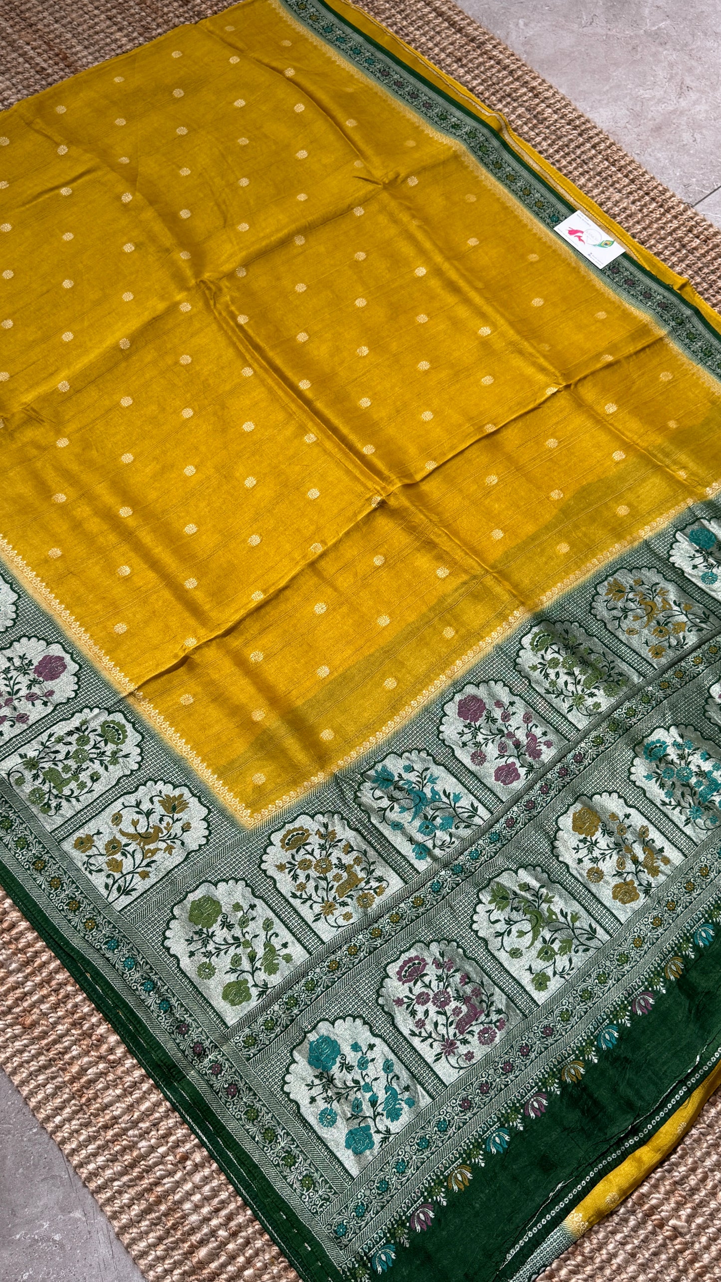 Tussar Raw Silk Handloom – Paithani Borders - Mustard with Green