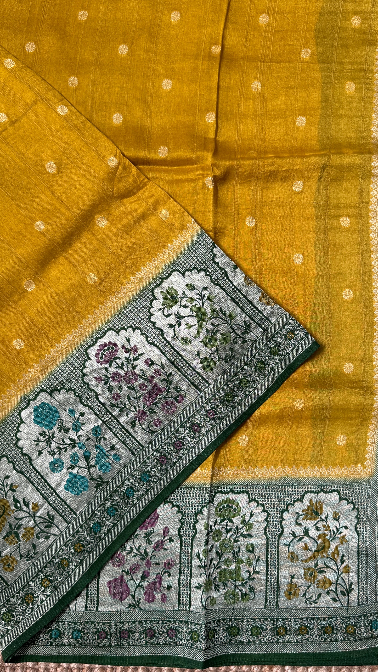 Tussar Raw Silk Handloom – Paithani Borders - Mustard with Green