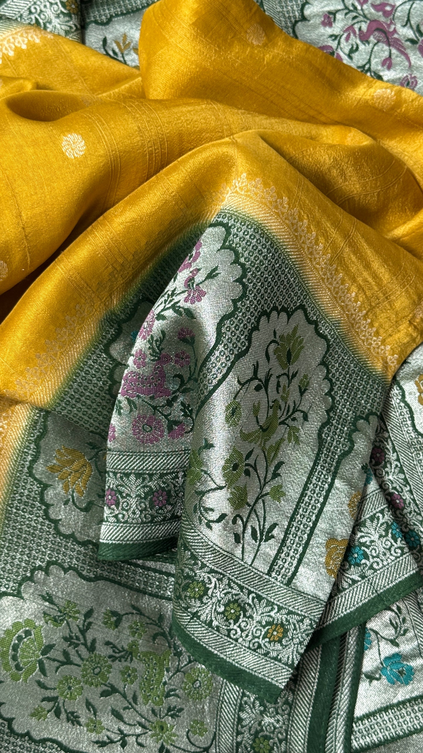 Tussar Raw Silk Handloom – Paithani Borders - Mustard with Green