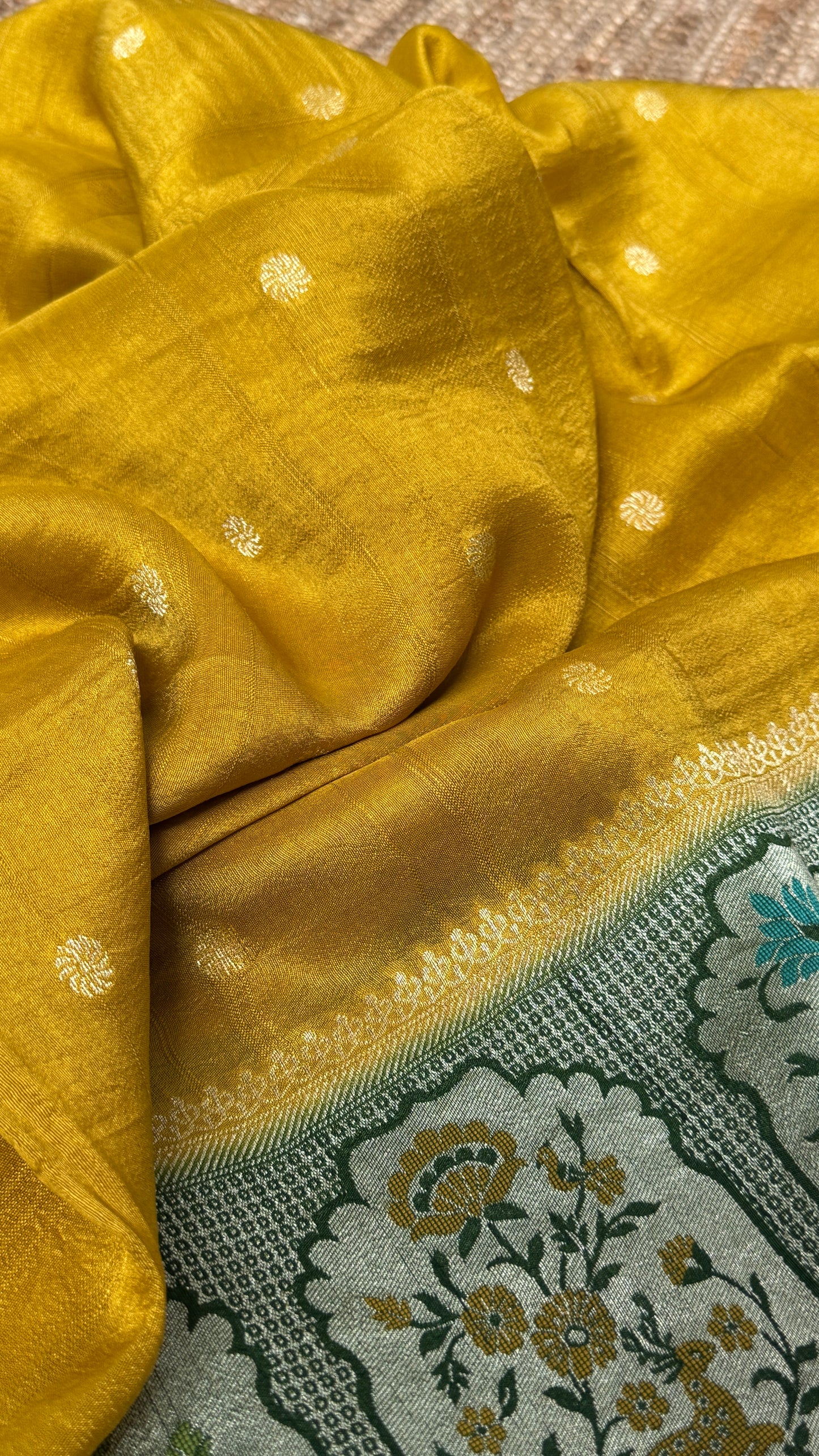 Tussar Raw Silk Handloom – Paithani Borders - Mustard with Green