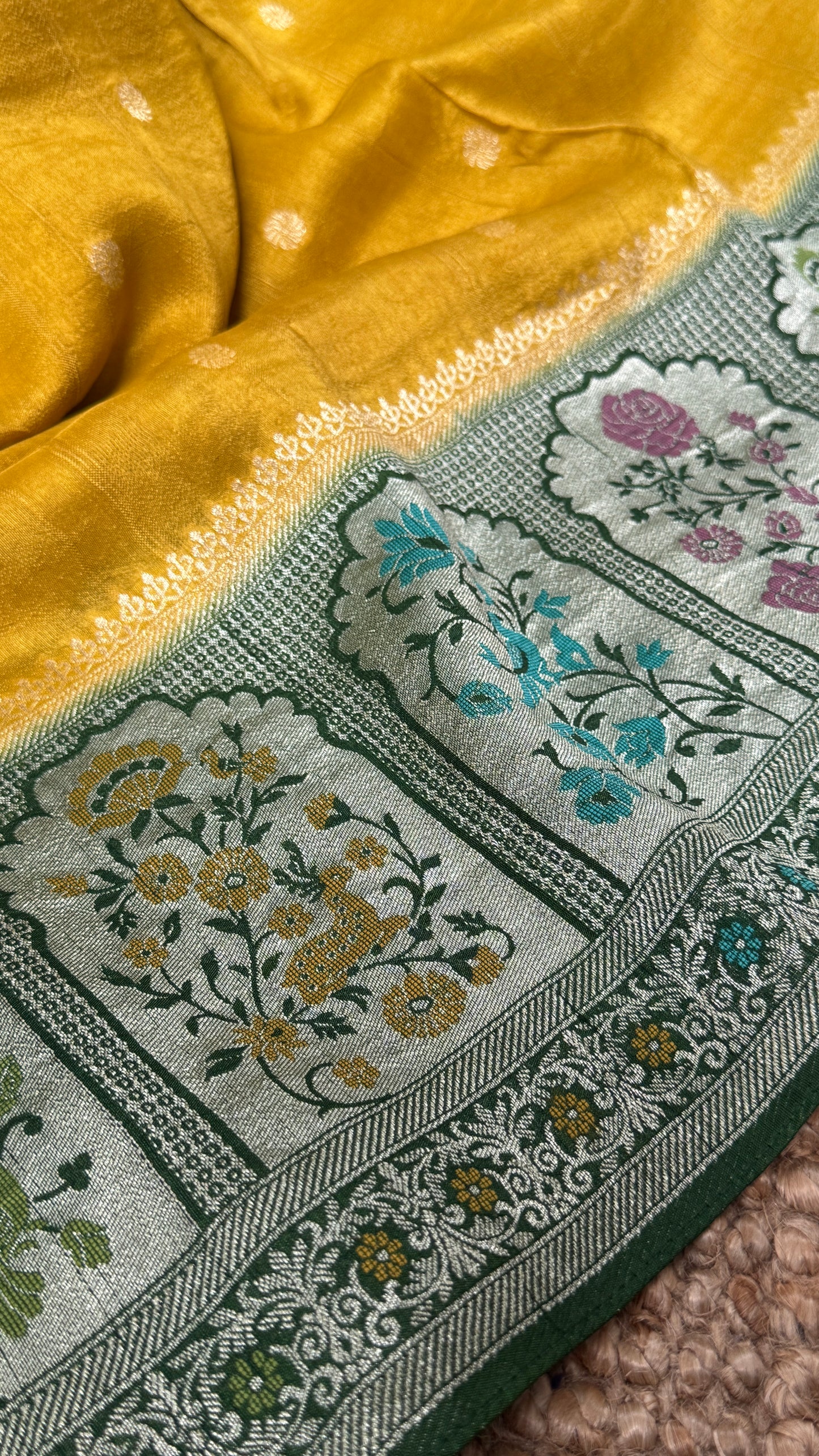 Tussar Raw Silk Handloom – Paithani Borders - Mustard with Green
