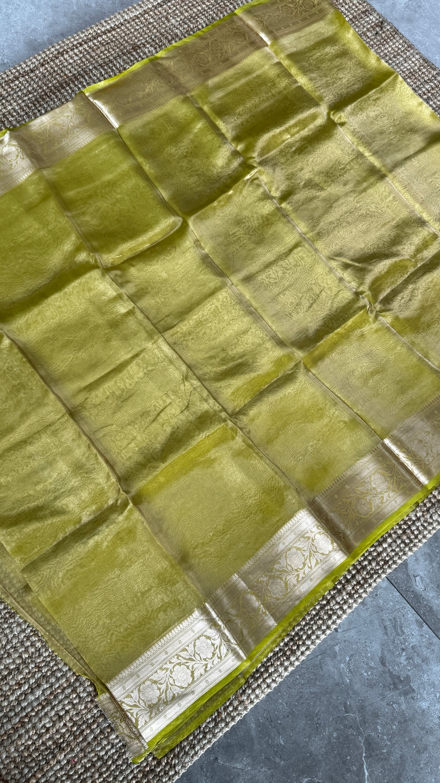 Pure Tissue Silk Saree in Light Olive Green with Banarasi Gold Zari Border