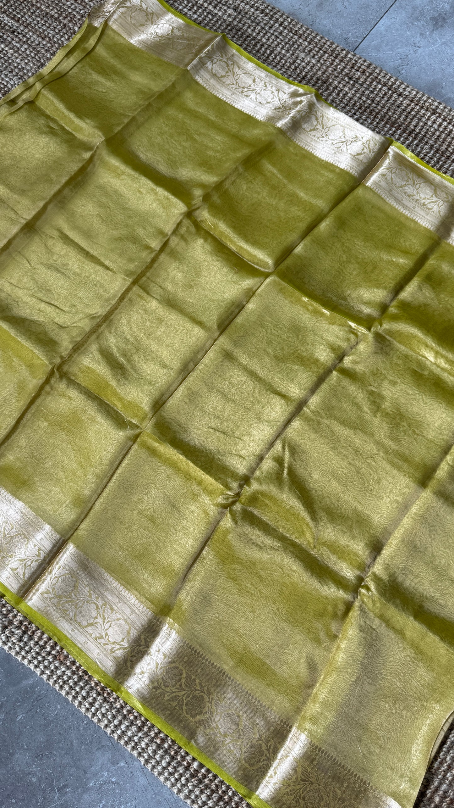 Pure Tissue Silk Saree in Light Olive Green with Banarasi Gold Zari Border