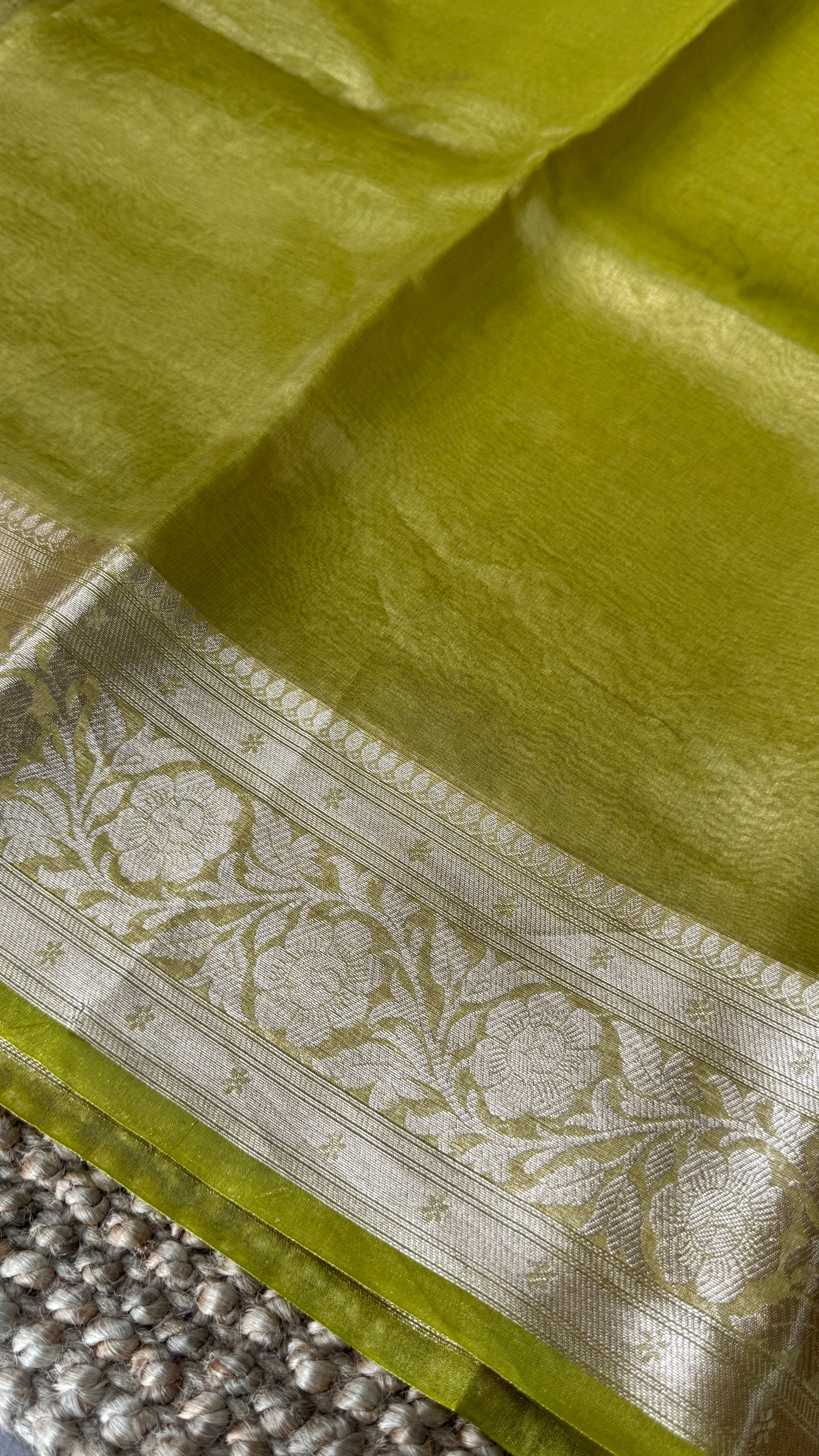 Pure Tissue Silk Saree in Light Olive Green with Banarasi Gold Zari Border