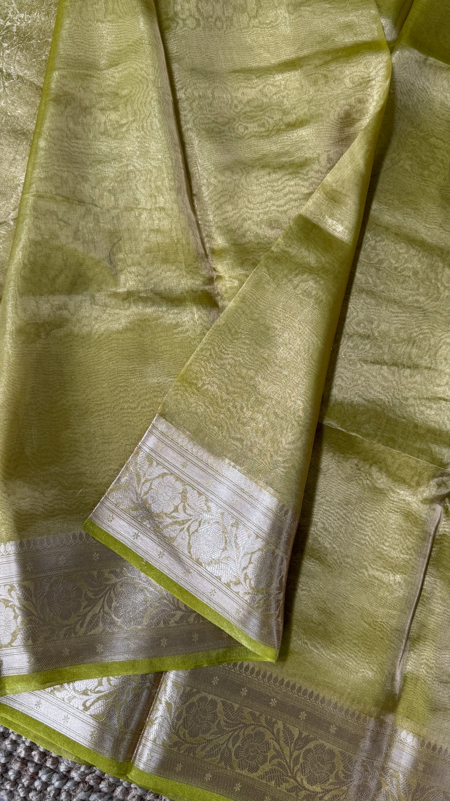 Pure Tissue Silk Saree in Light Olive Green with Banarasi Gold Zari Border