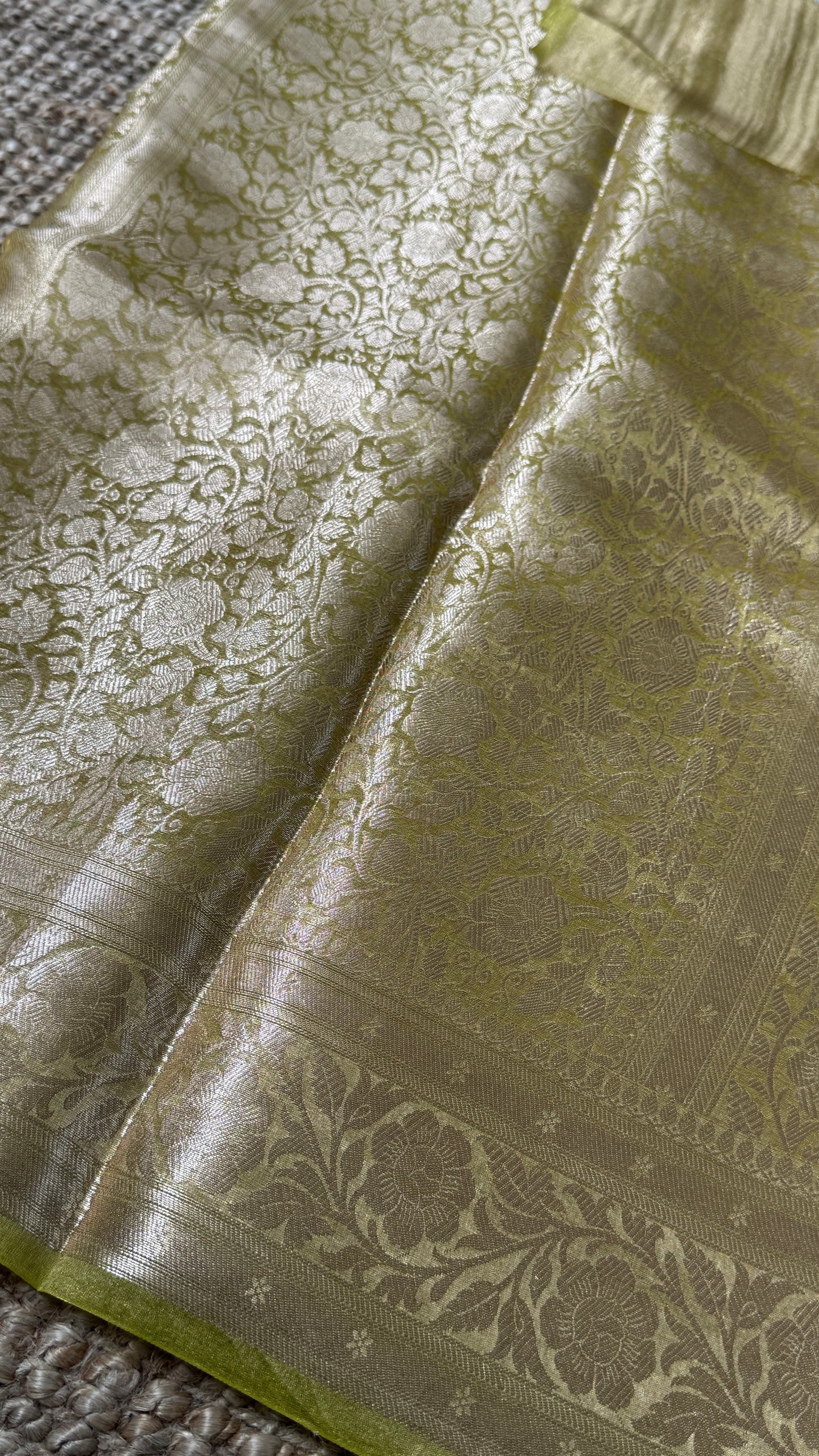 Pure Tissue Silk Saree in Light Olive Green with Banarasi Gold Zari Border