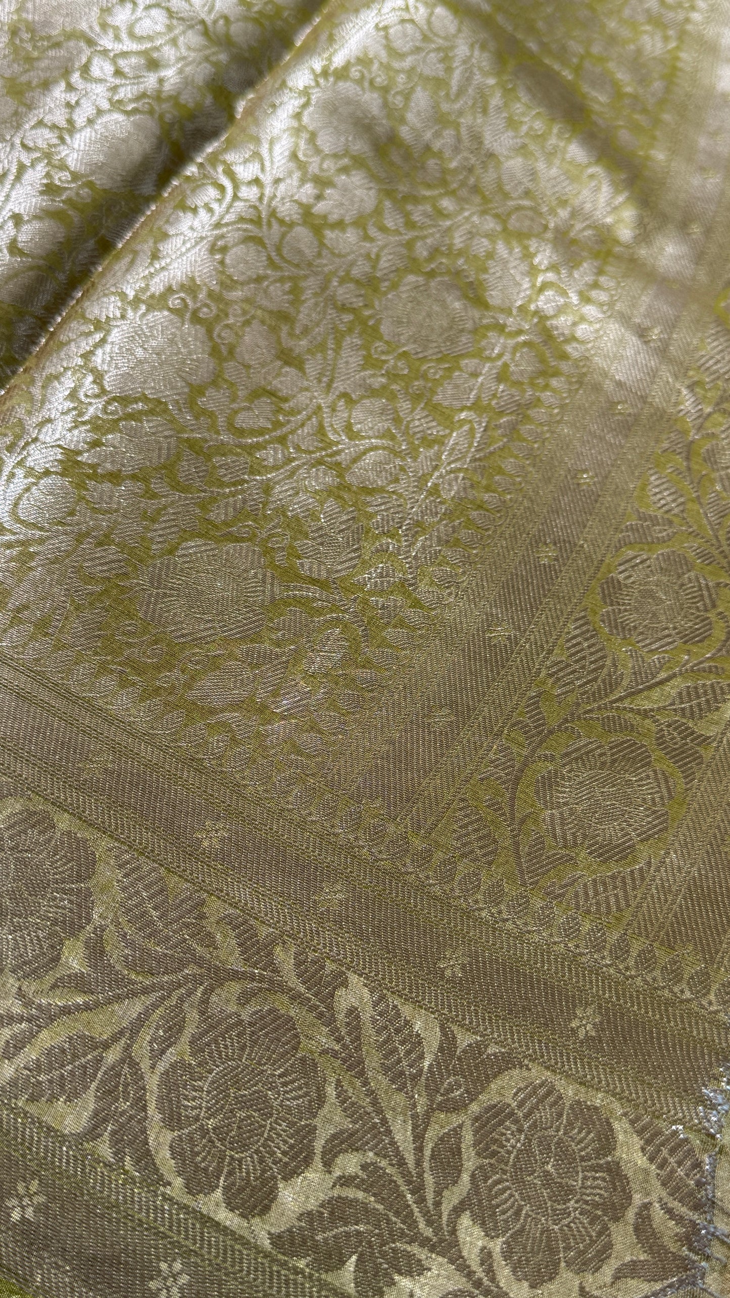 Pure Tissue Silk Saree in Light Olive Green with Banarasi Gold Zari Border