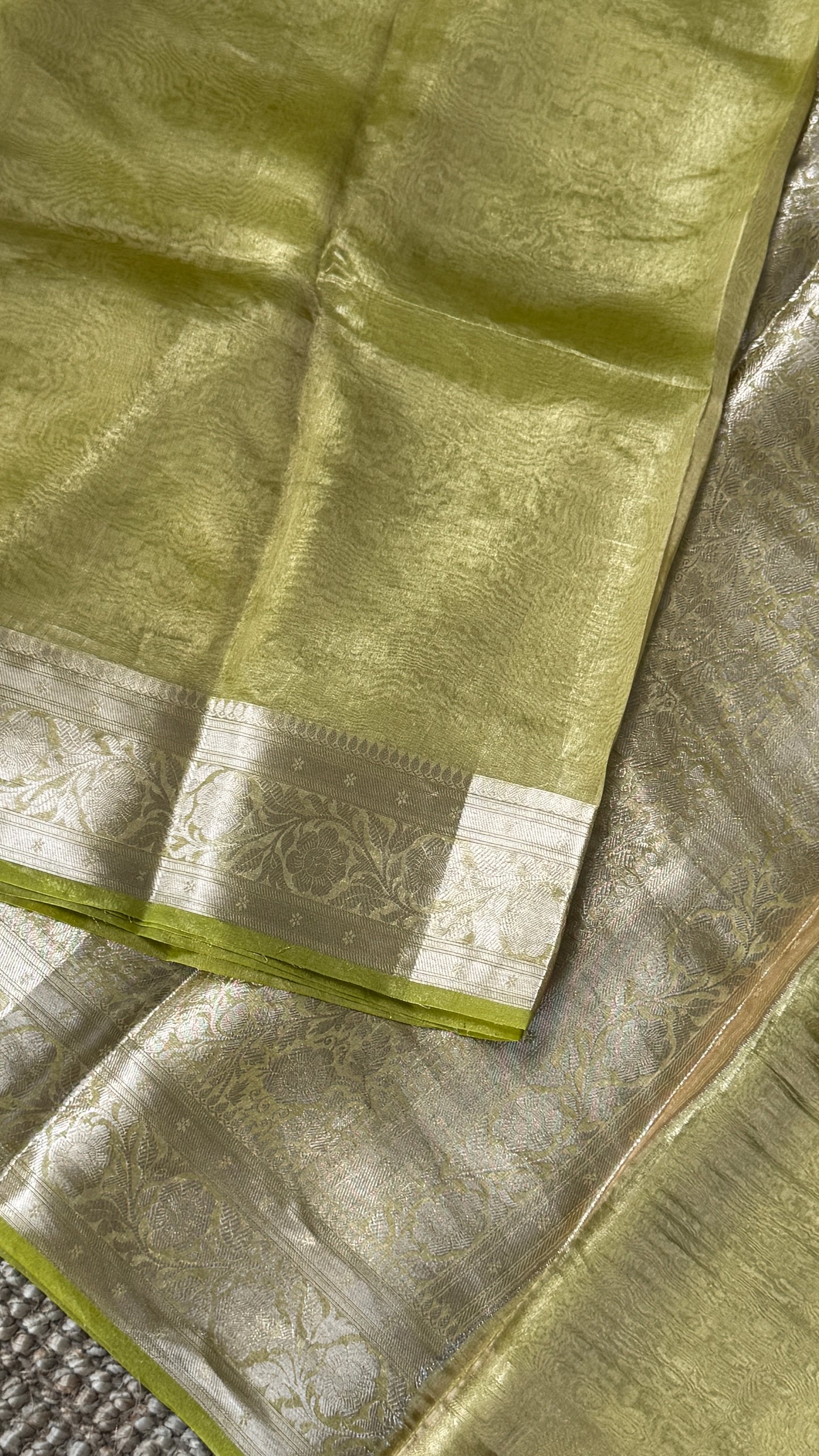 Pure Tissue Silk Saree in Light Olive Green with Banarasi Gold Zari Border